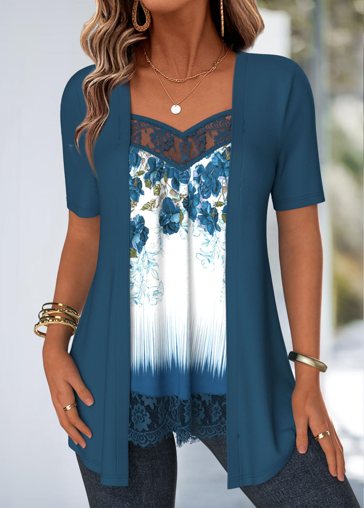 Floral Print Lace Peacock Blue Fake Two Piece Twinset