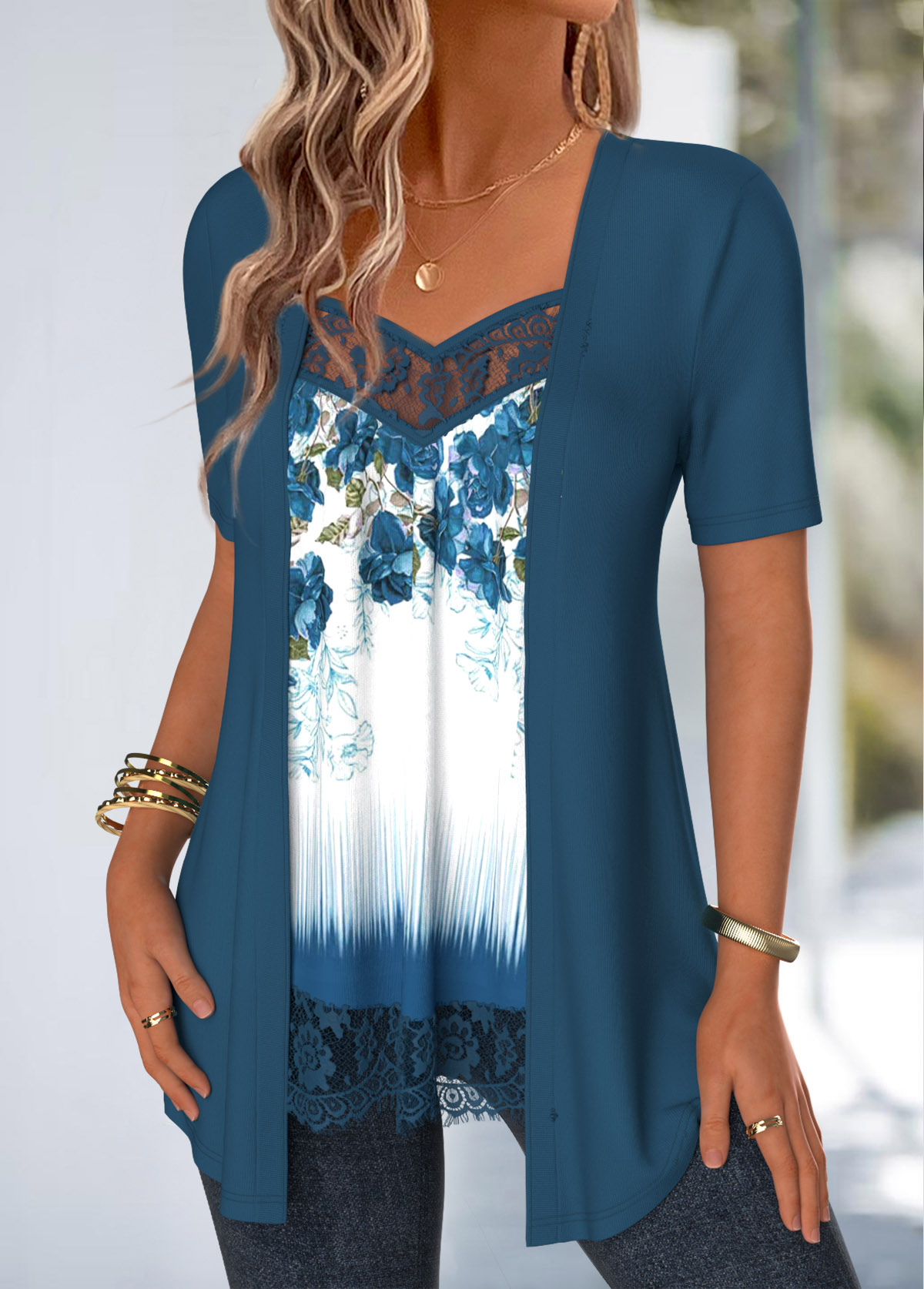 Floral Print Lace Peacock Blue Fake Two Piece Twinset