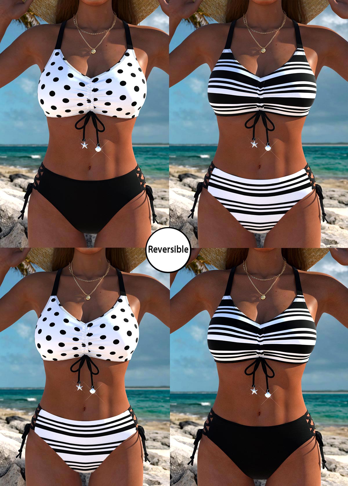 Mid Waisted Reversible Striped Black Bikini Set