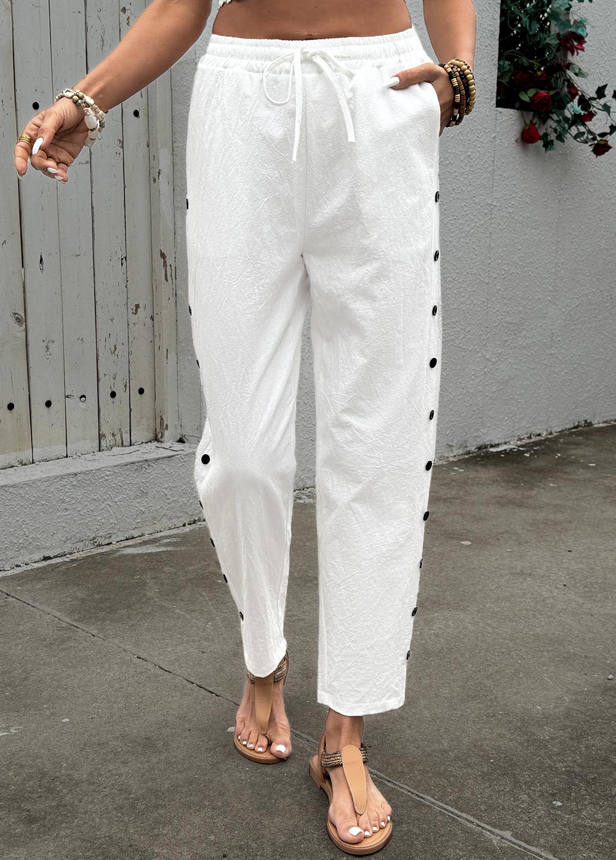 Soft White Straight Leg Elastic Waist High Waisted Pants