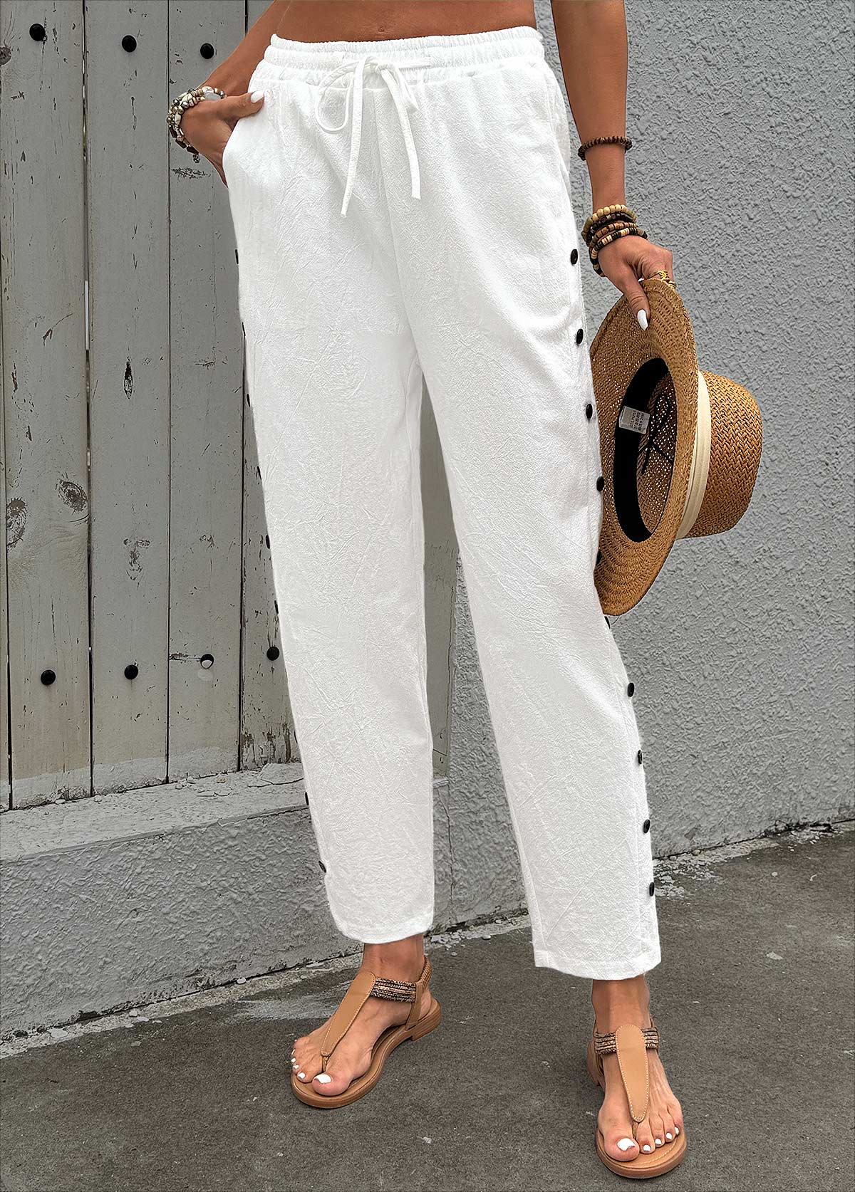 Soft White Straight Leg Elastic Waist High Waisted Pants