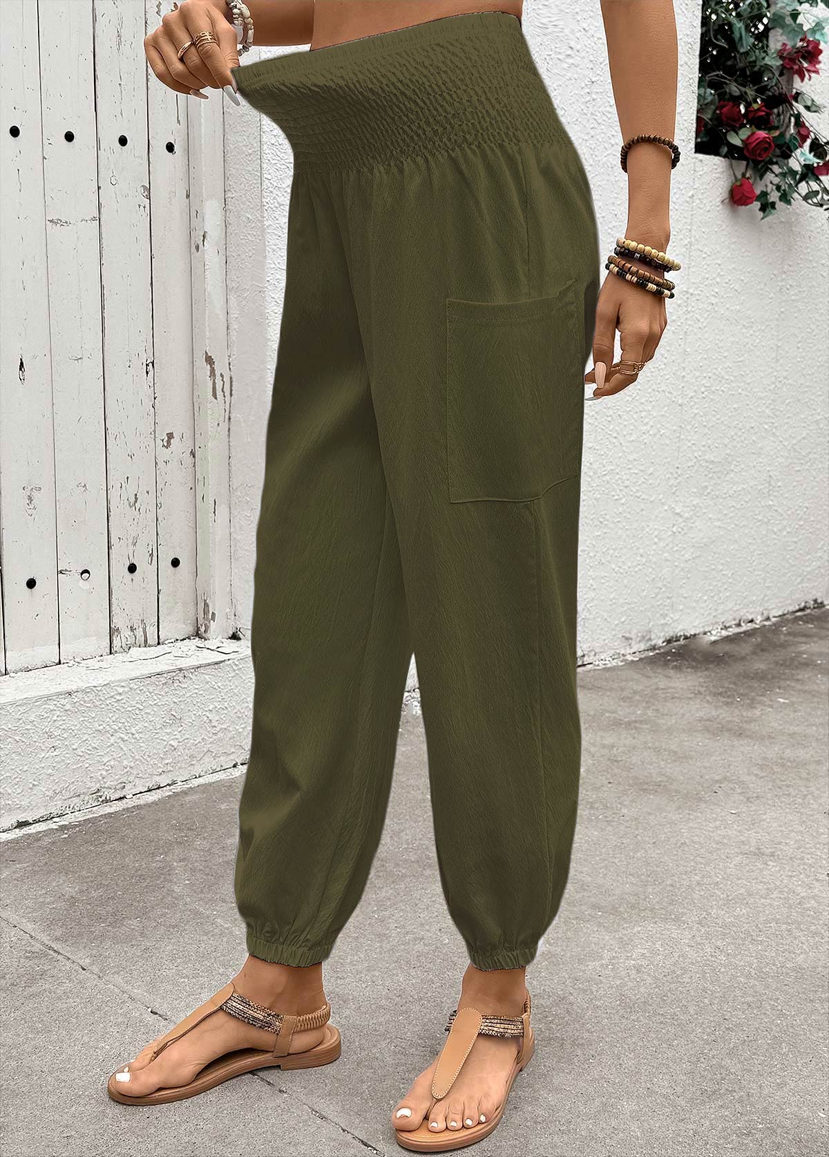 Soft Olive Green Jogger Elastic Waist High Waisted Pants