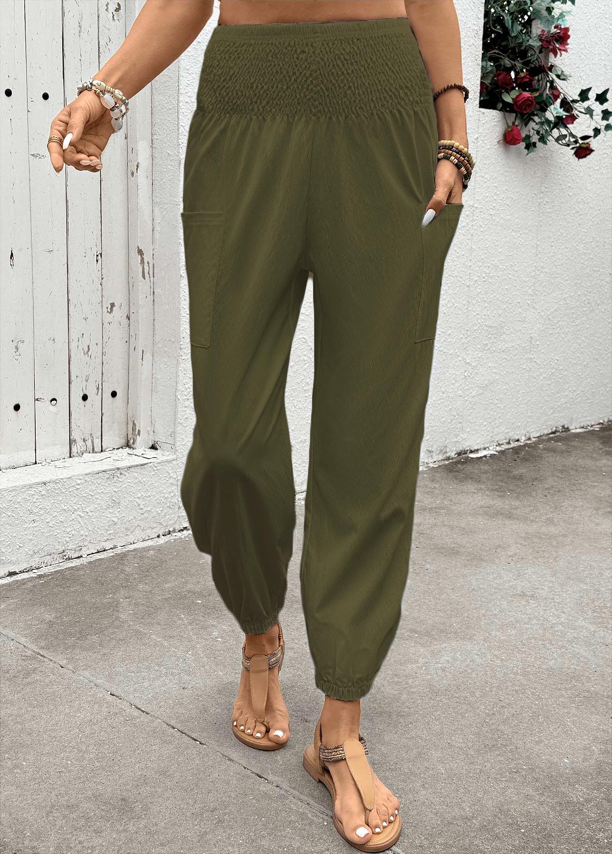 Soft Olive Green Jogger Elastic Waist High Waisted Pants