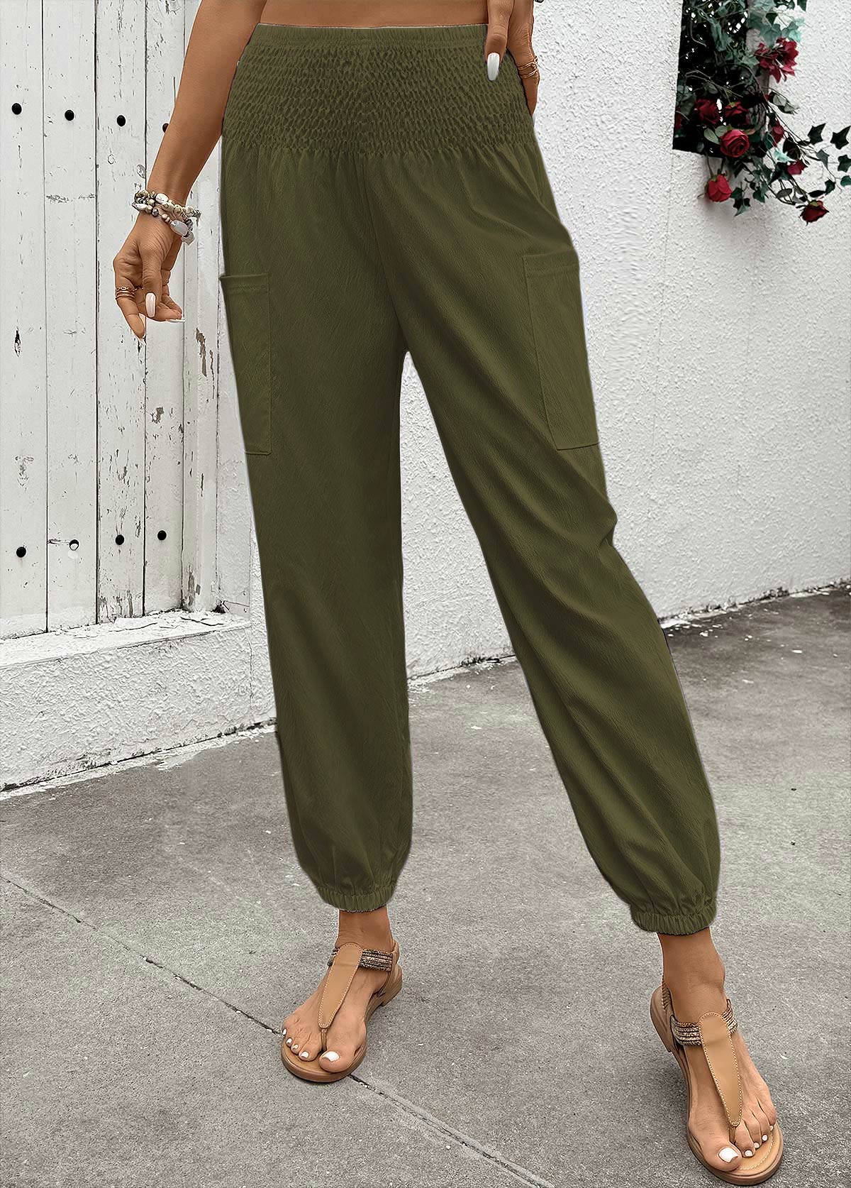 Soft Olive Green Jogger Elastic Waist High Waisted Pants