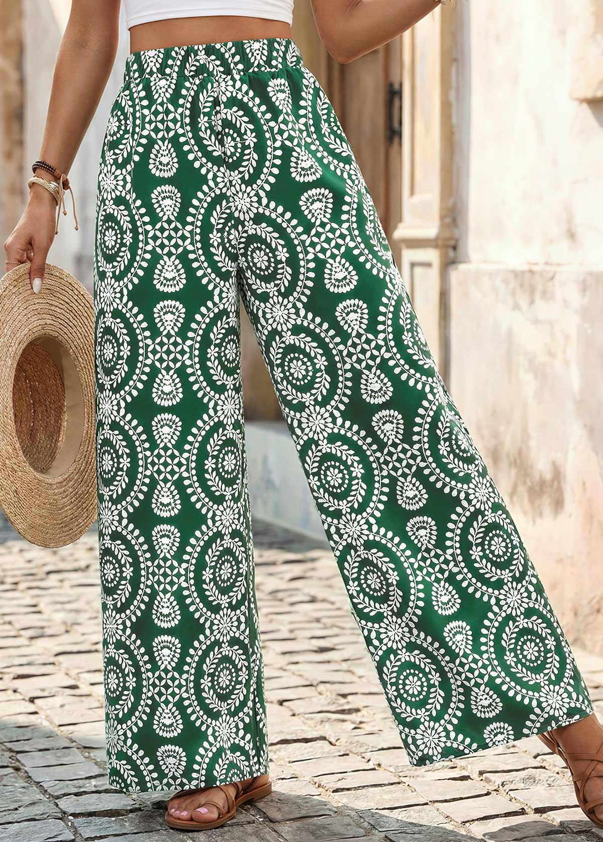 Tribal Print Green Wide Leg Elastic Waist Pants