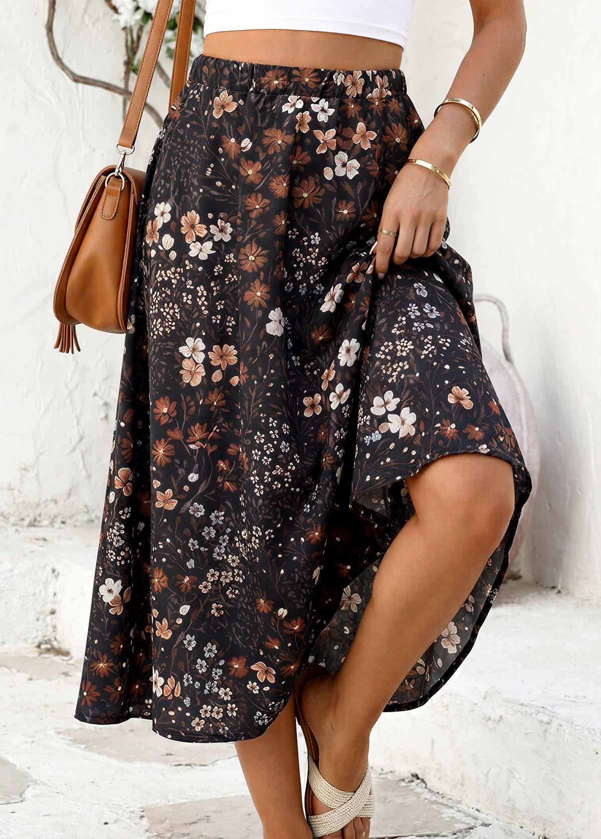 Floral Print Black A Line Elastic Waist Maxi Skirt