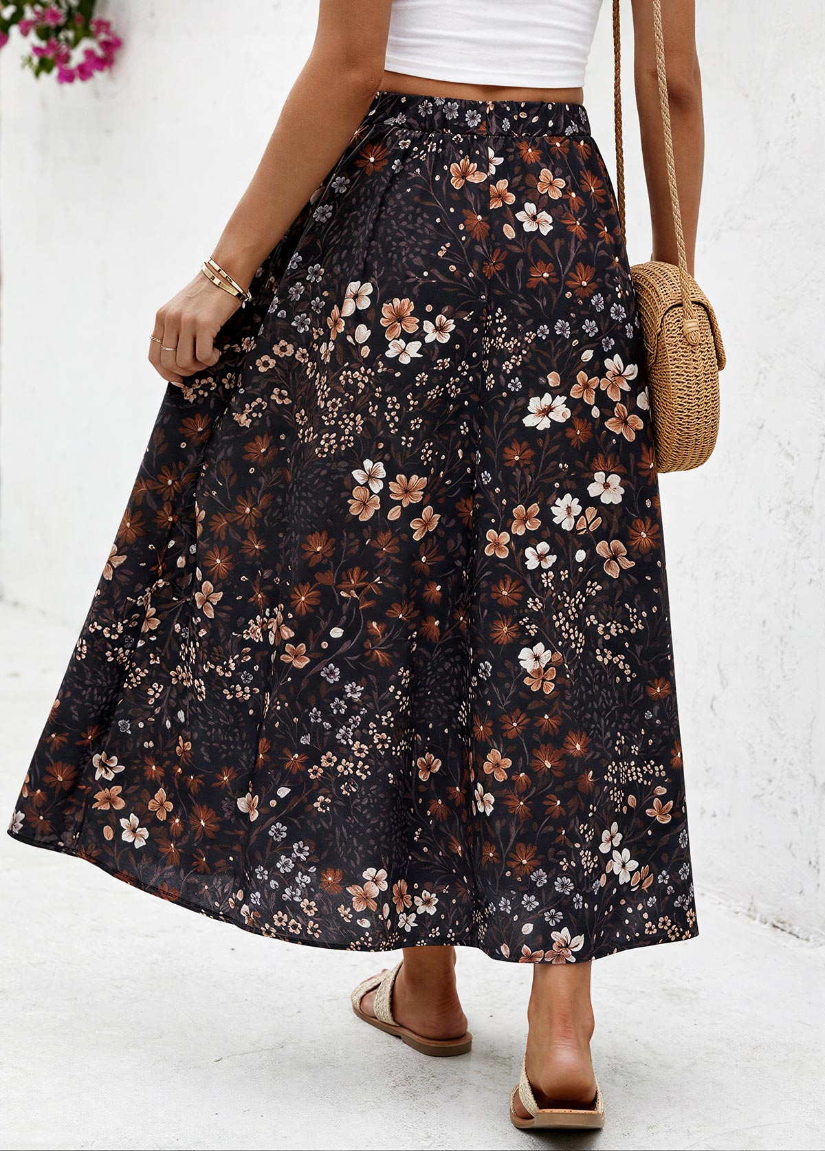 Floral Print Black A Line Elastic Waist Maxi Skirt