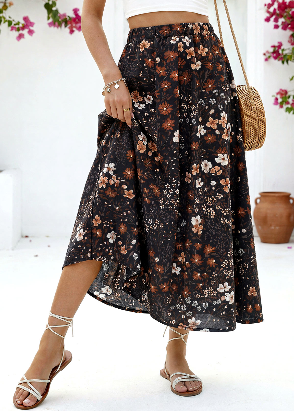 Floral Print Black A Line Elastic Waist Maxi Skirt