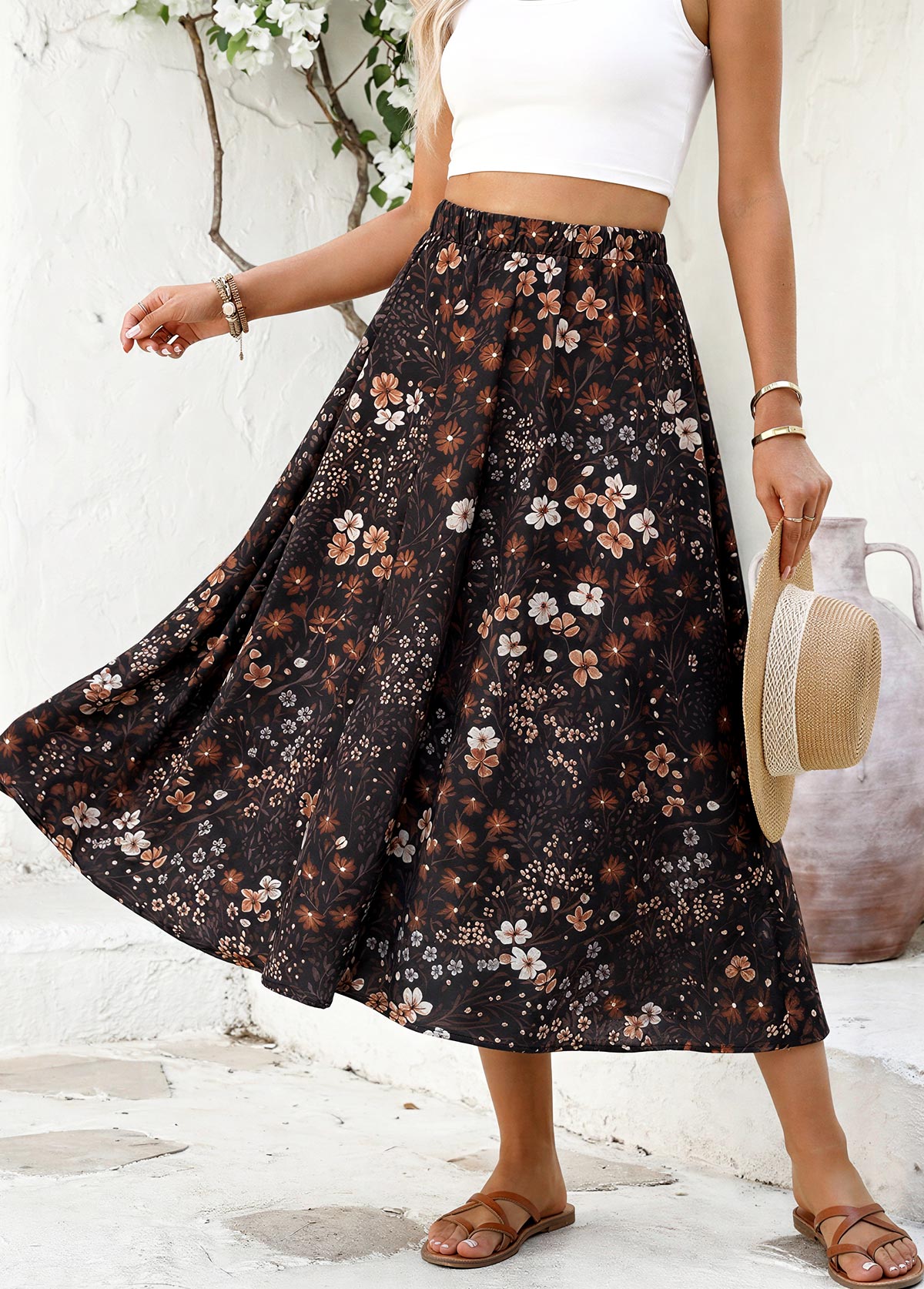 Floral Print Black A Line Elastic Waist Maxi Skirt
