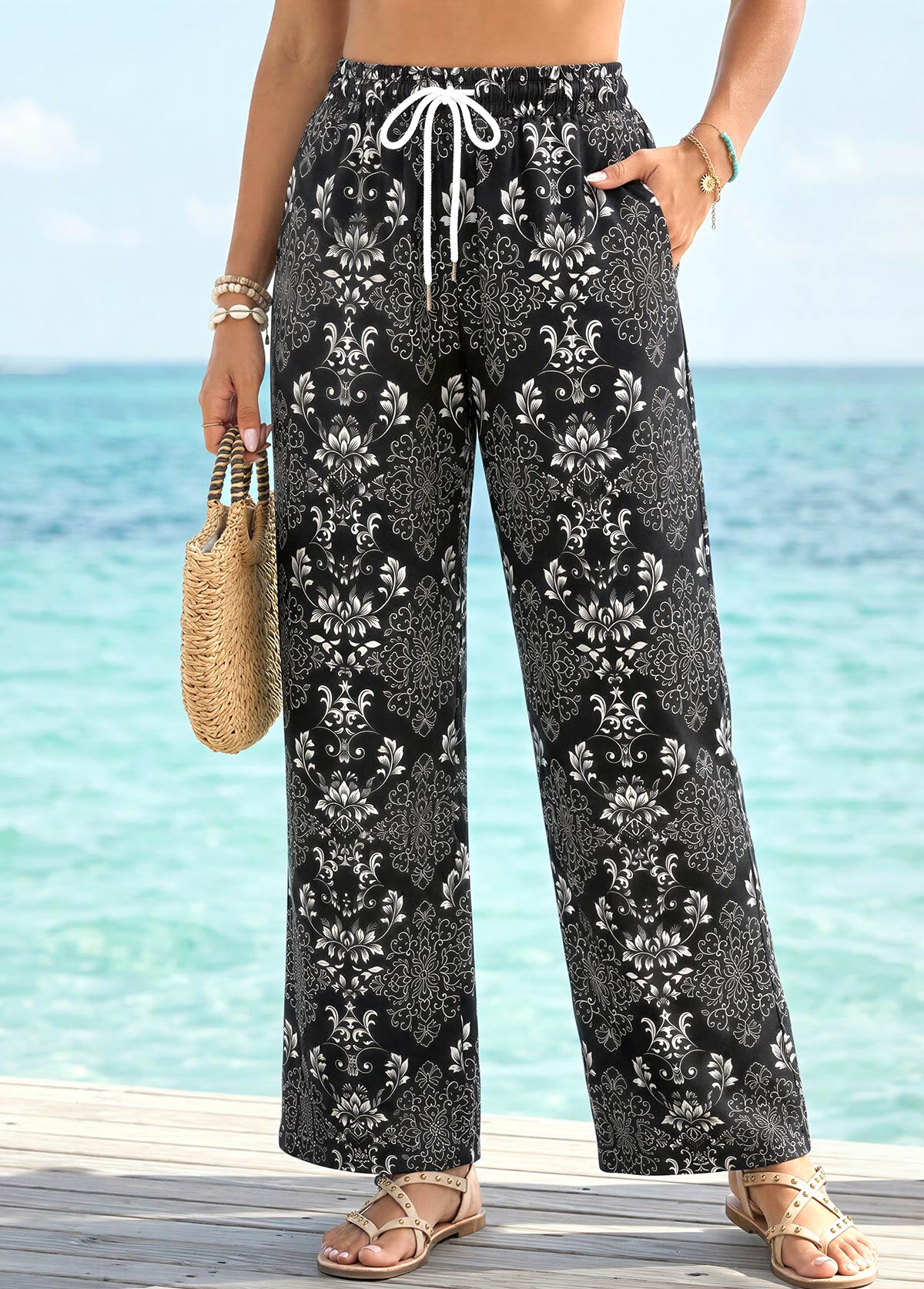 Tribal Print Black Straight Leg Drawastring High Waisted Pants