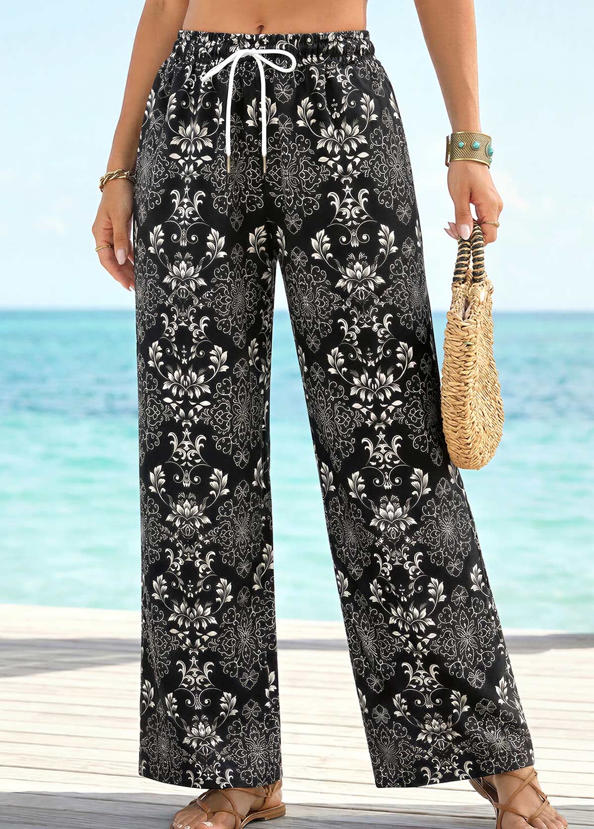 Tribal Print Black Straight Leg Drawastring High Waisted Pants