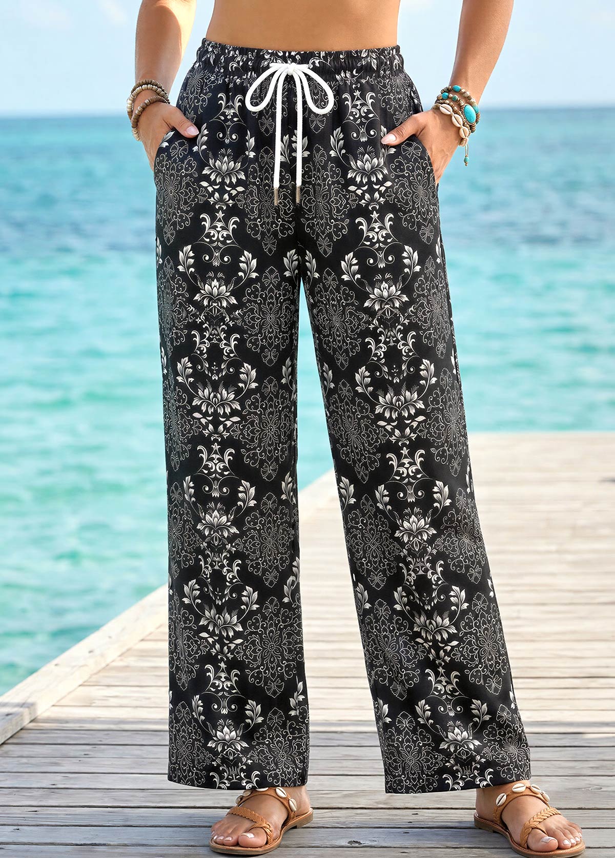 Tribal Print Black Straight Leg Drawastring High Waisted Pants