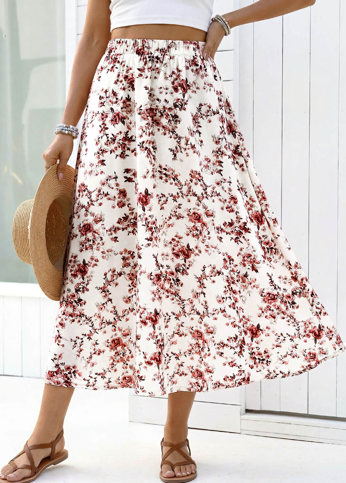 Floral Print White A Line Elastic Waist Maxi Skirt