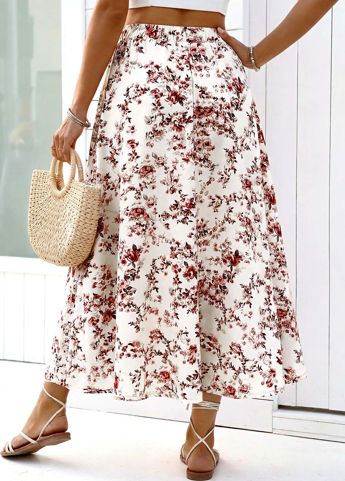 Floral Print White A Line Elastic Waist Maxi Skirt