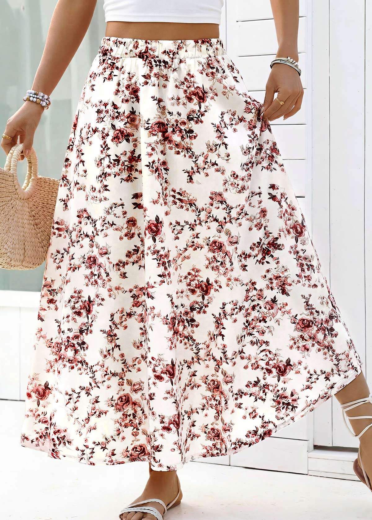 Floral Print White A Line Elastic Waist Maxi Skirt