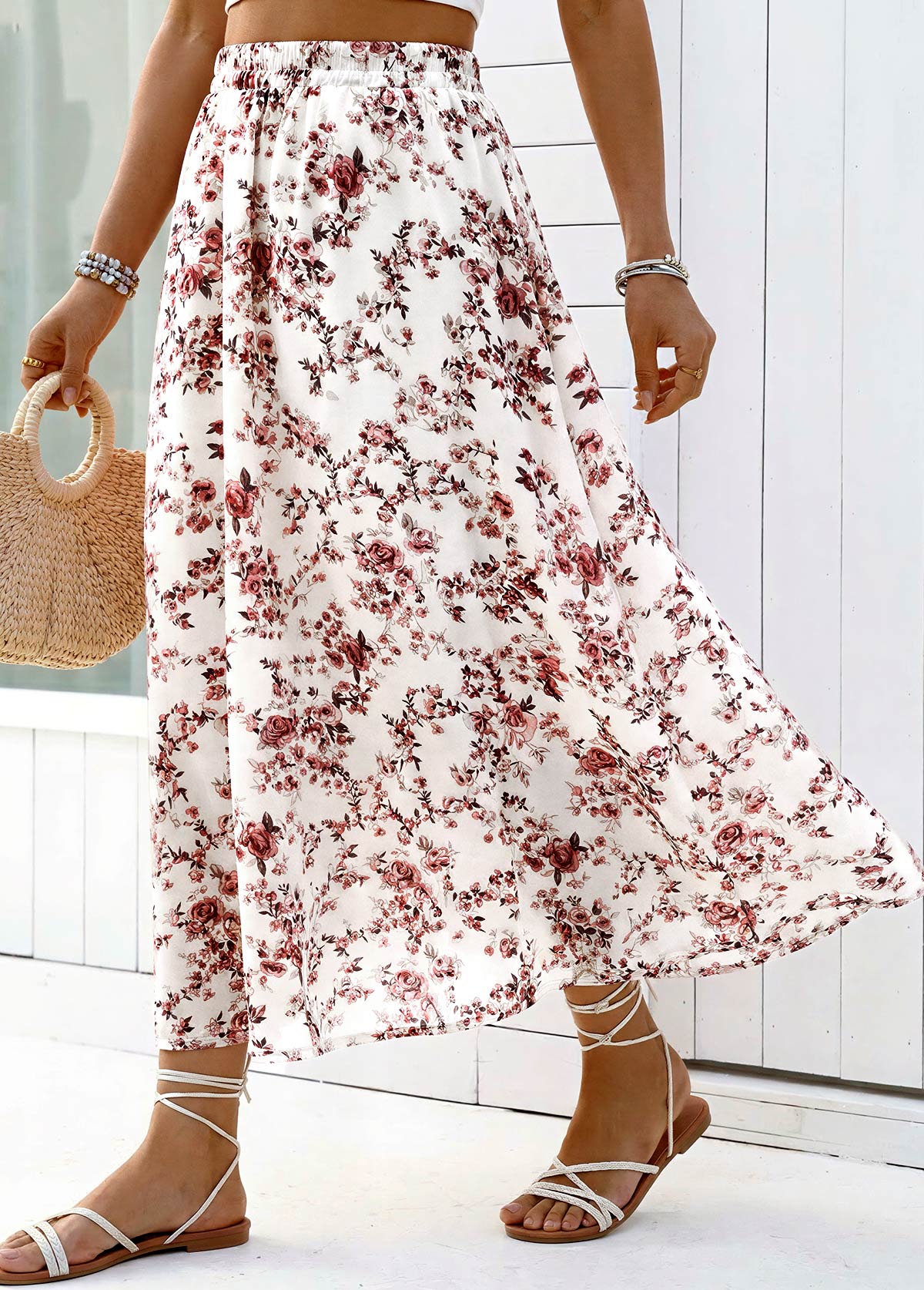 Floral Print White A Line Elastic Waist Maxi Skirt