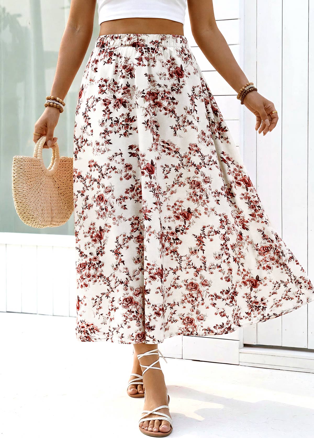 Floral Print White A Line Elastic Waist Maxi Skirt