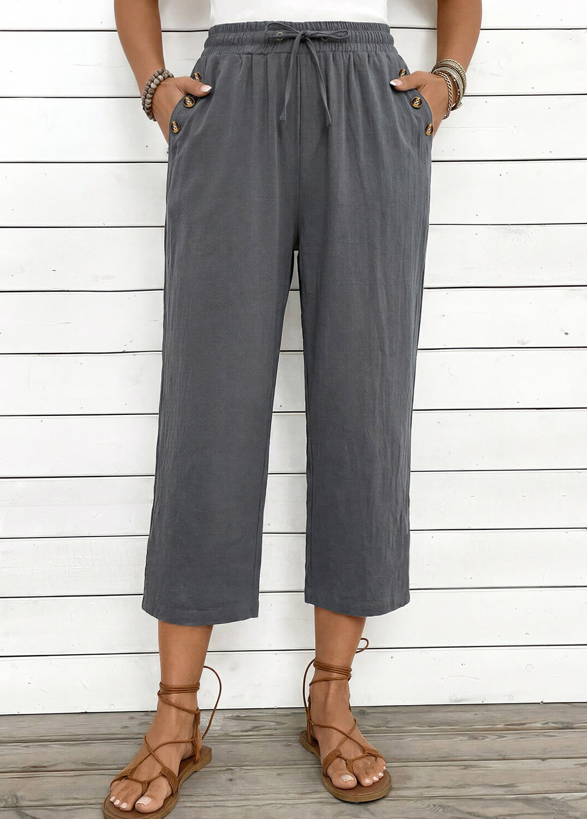 Grey Straight Leg Elastic Waist High Waisted Pants