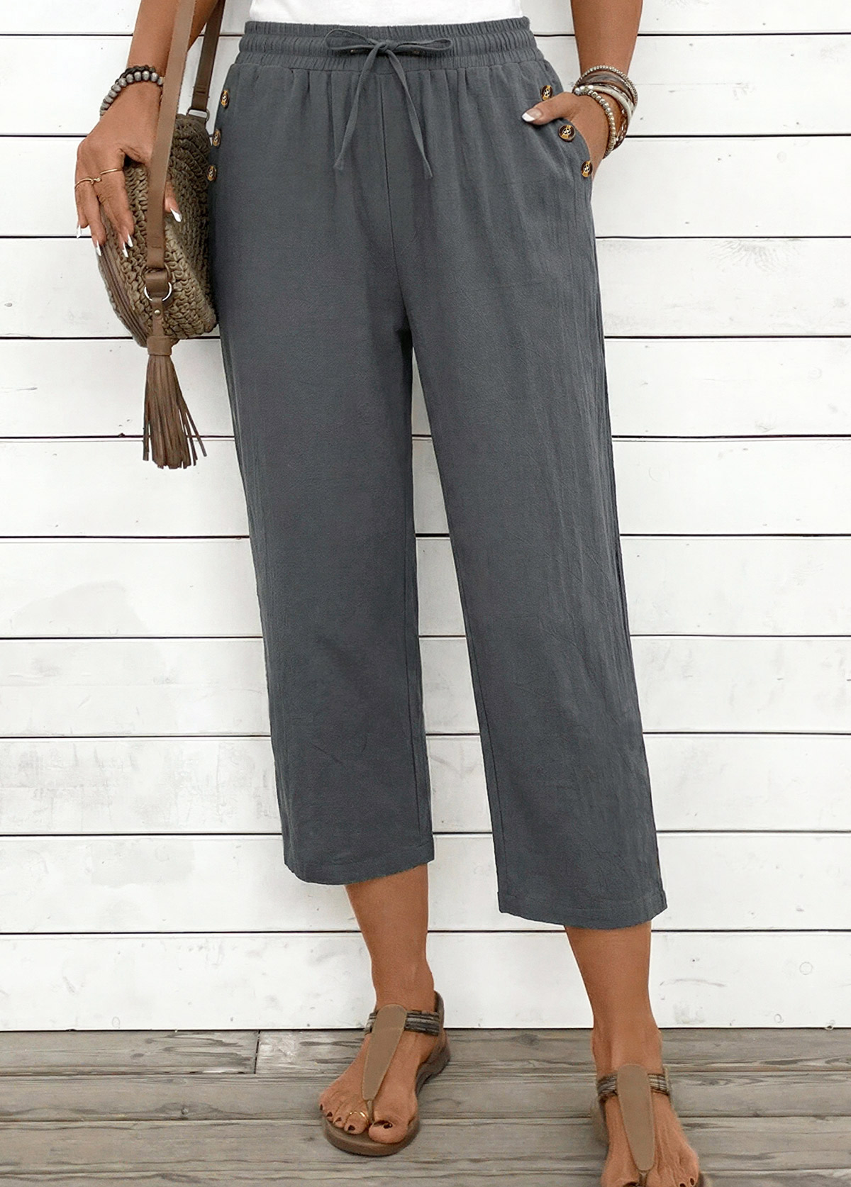 Grey Straight Leg Elastic Waist High Waisted Pants