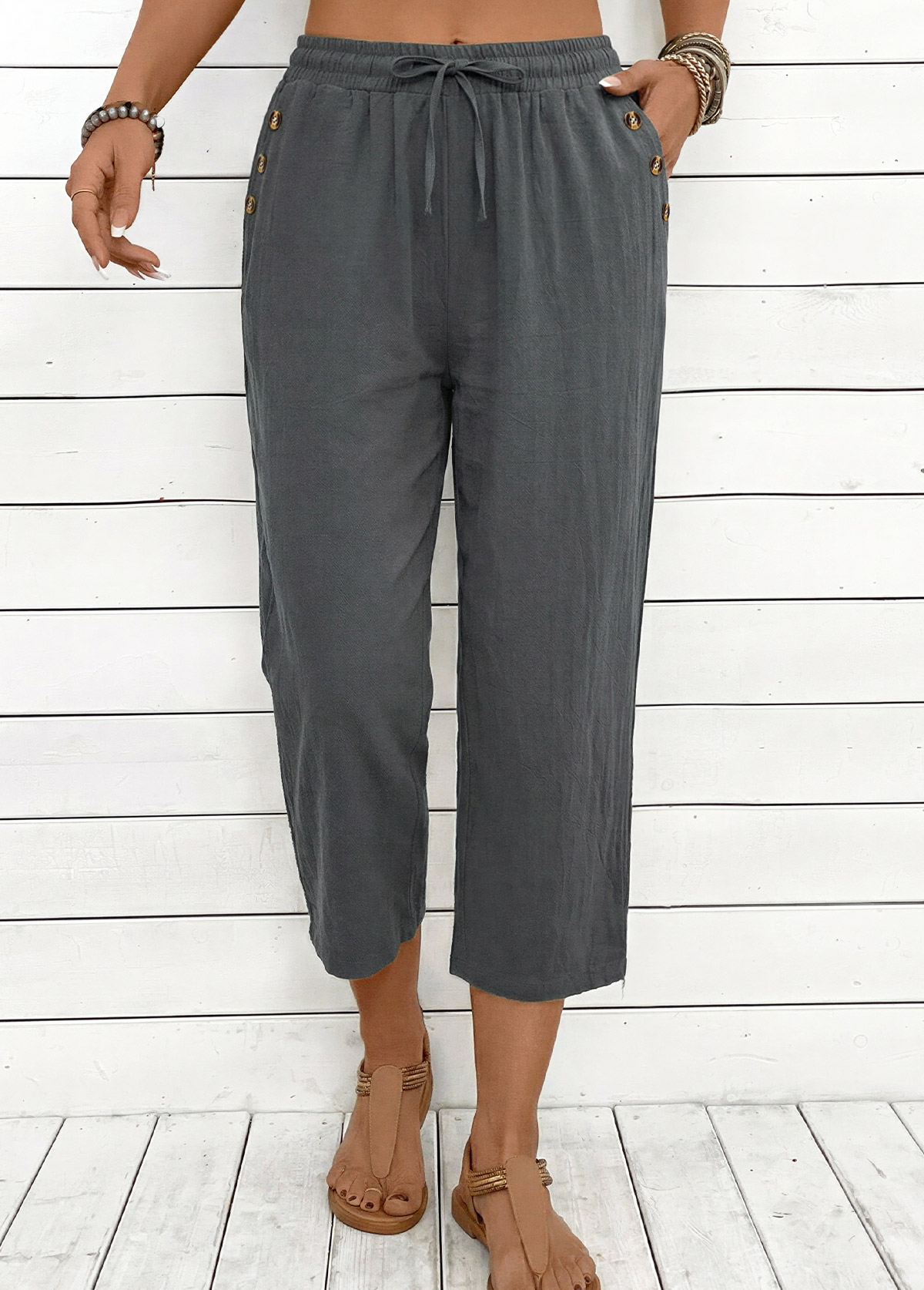 Grey Straight Leg Elastic Waist High Waisted Pants