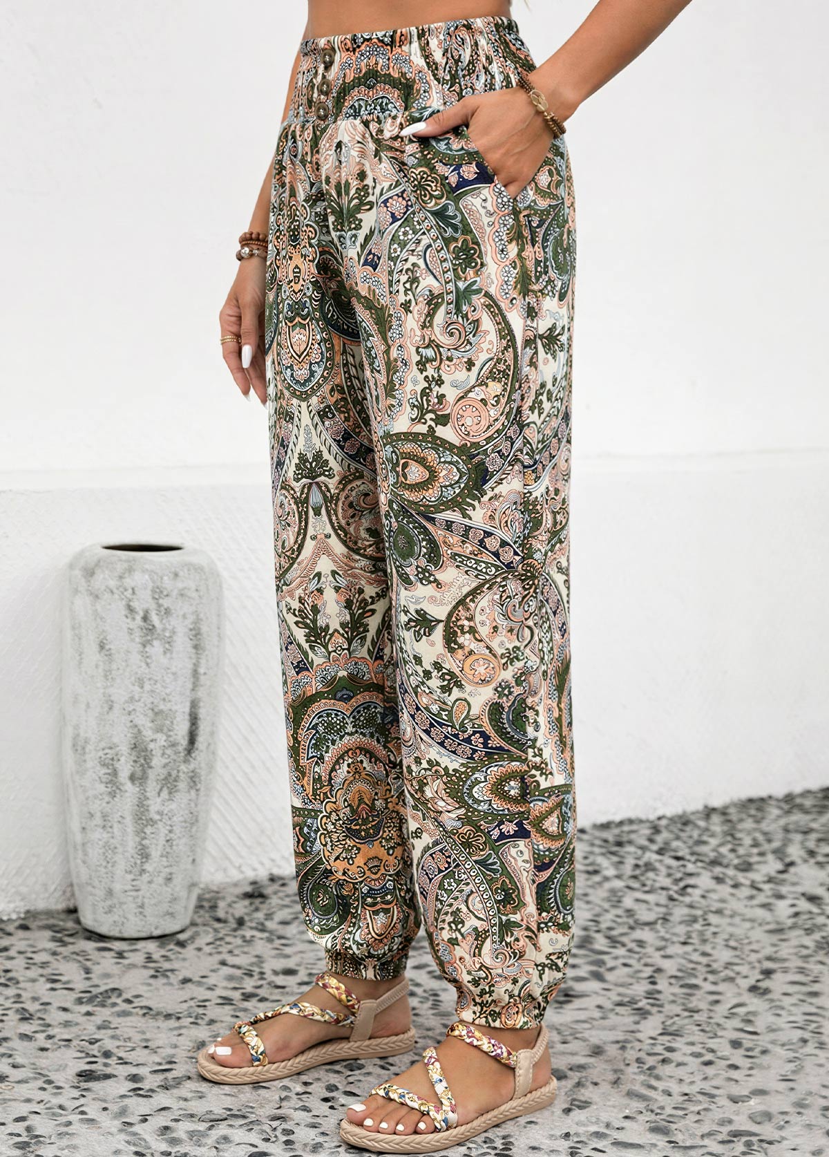 Tribal Print Soft Dusty Pink Jogger Elastic Waist Pants