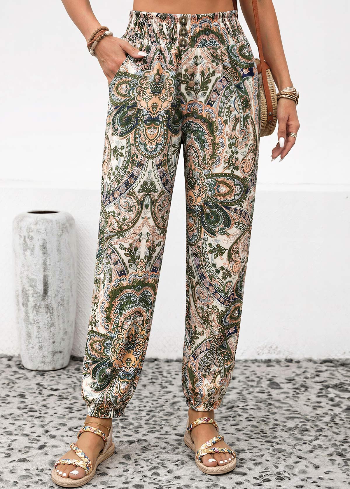 Tribal Print Soft Dusty Pink Jogger Elastic Waist Pants
