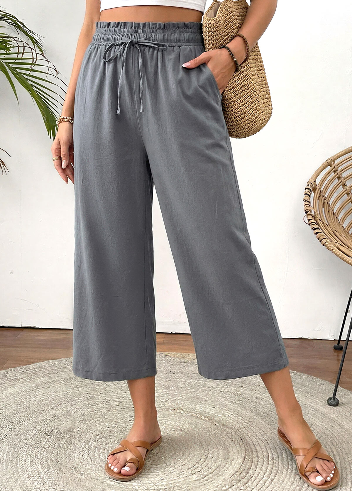 Grey Straight Leg Elastic Waist High Waisted Pants