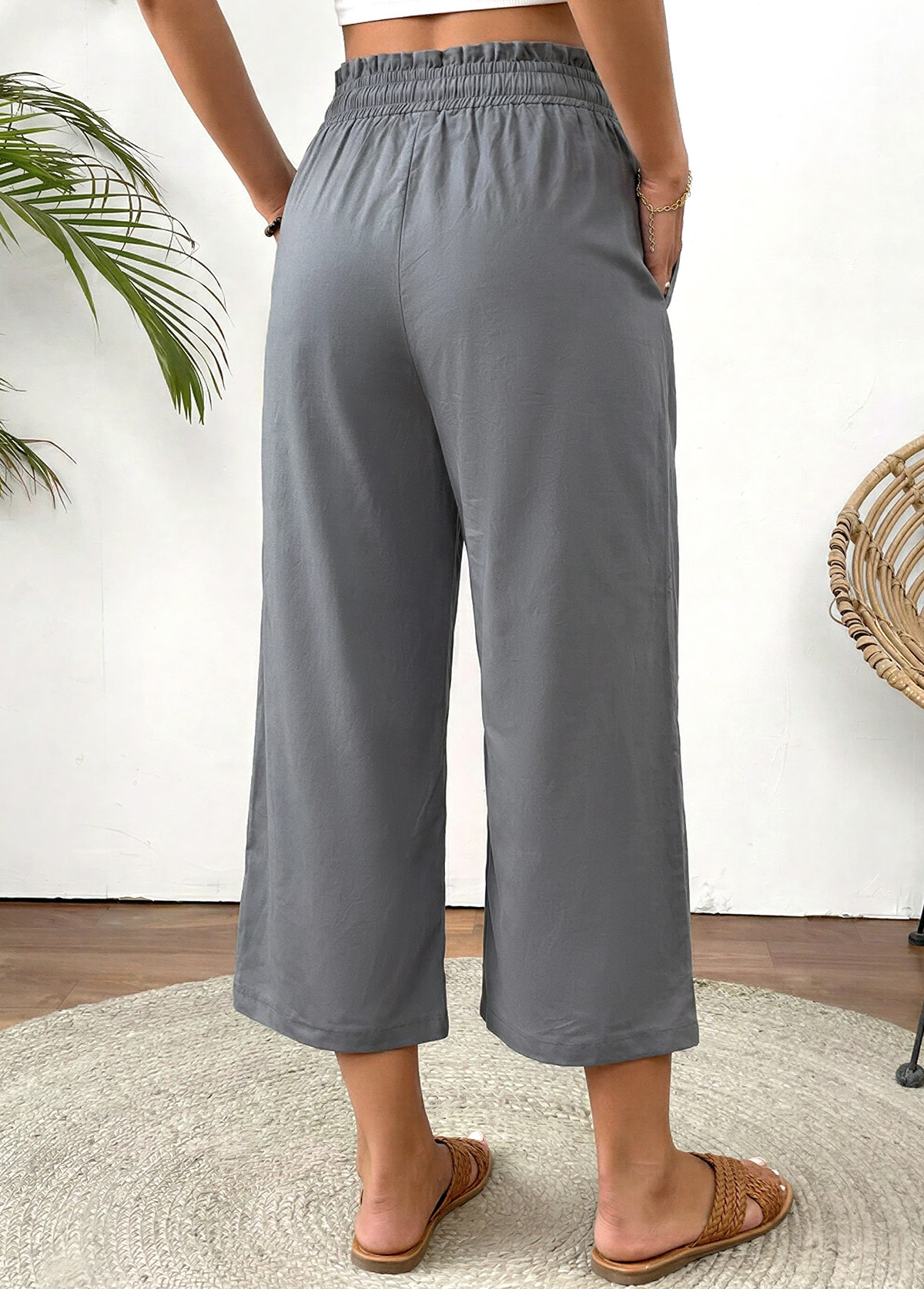Grey Straight Leg Elastic Waist High Waisted Pants