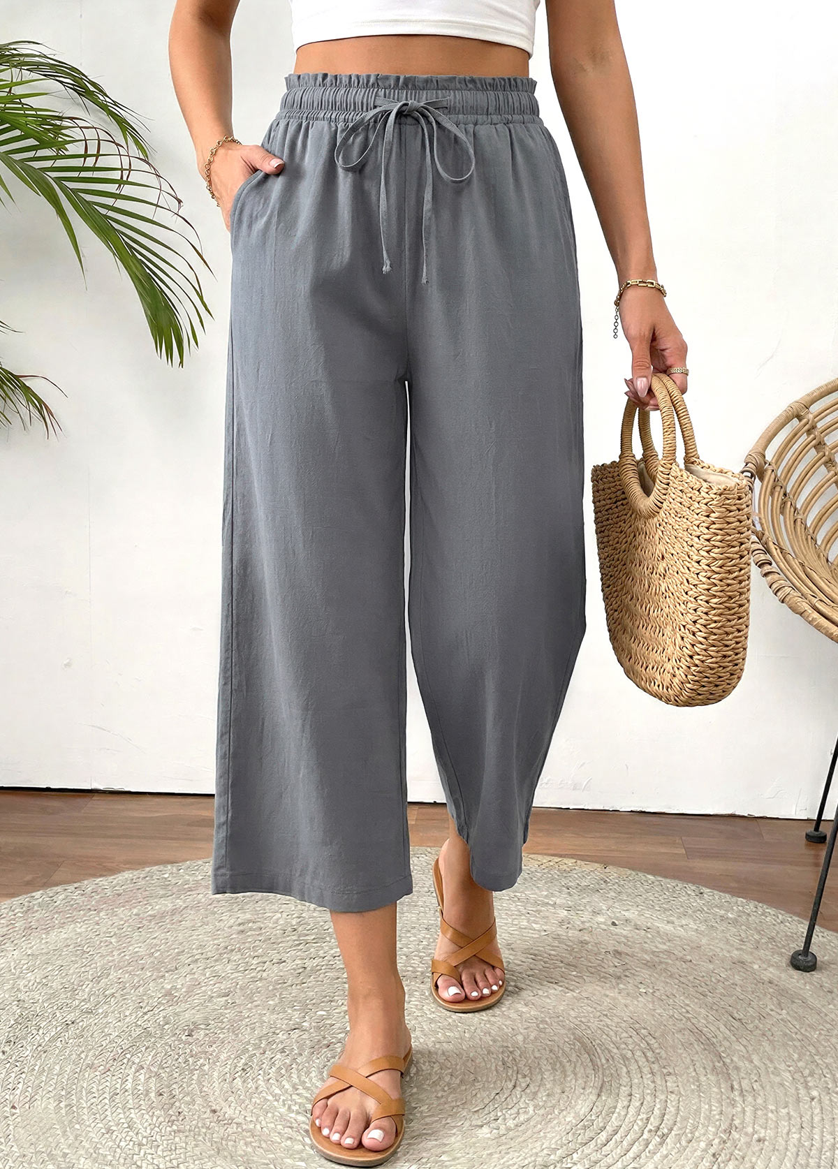 Grey Straight Leg Elastic Waist High Waisted Pants
