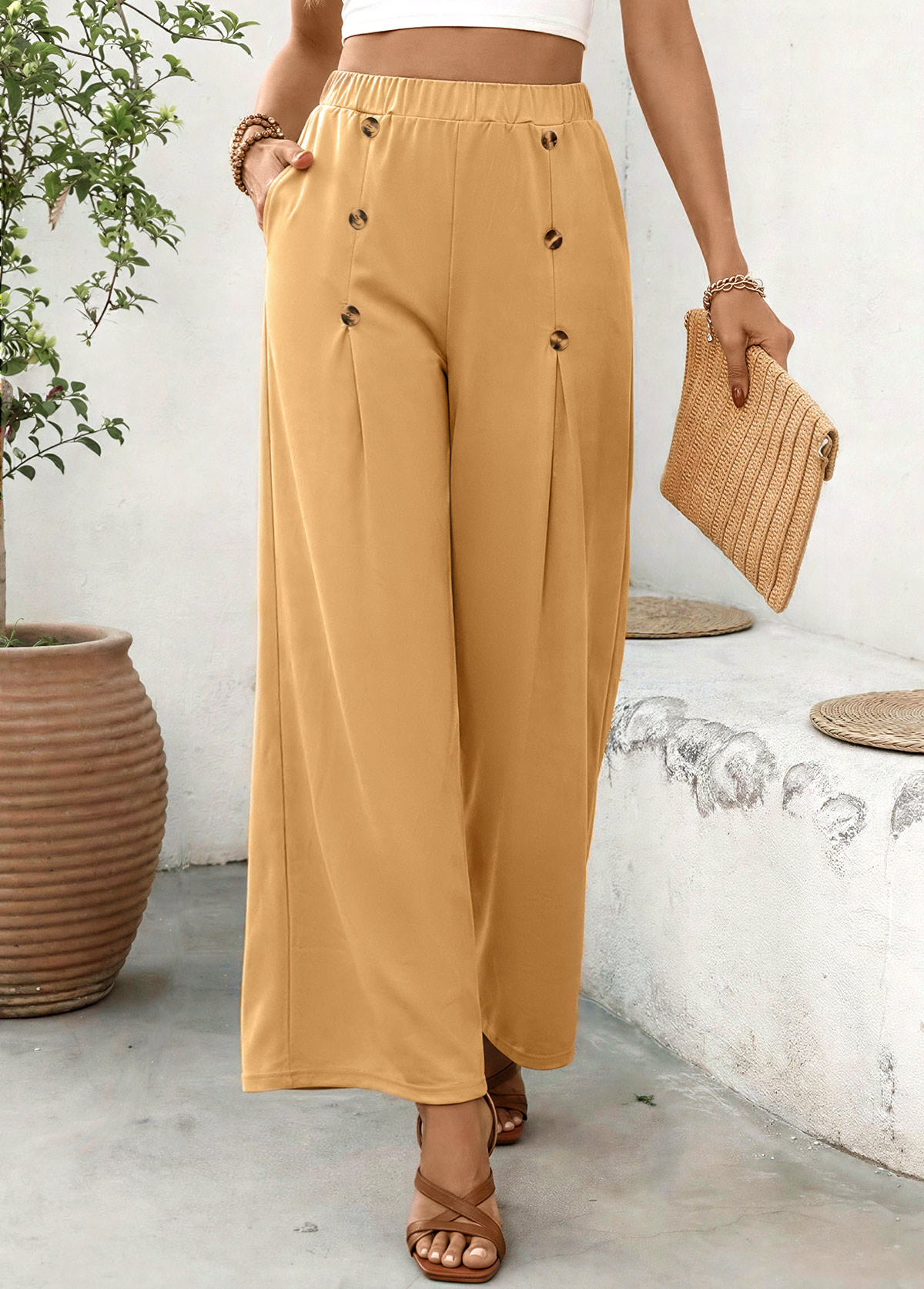 Soft Dark Camel Wide Leg Elastic Waist Pants