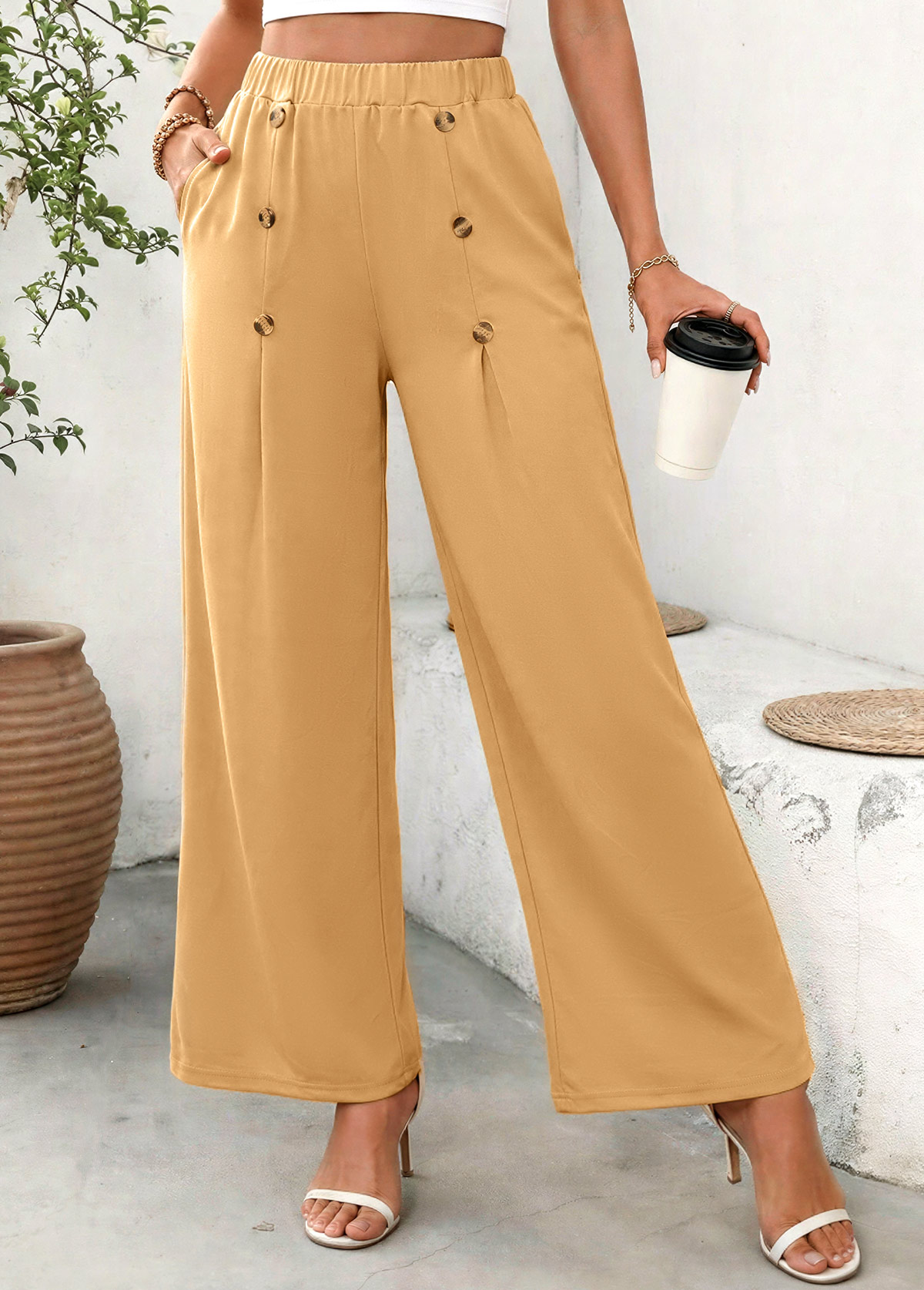 Soft Dark Camel Wide Leg Elastic Waist Pants