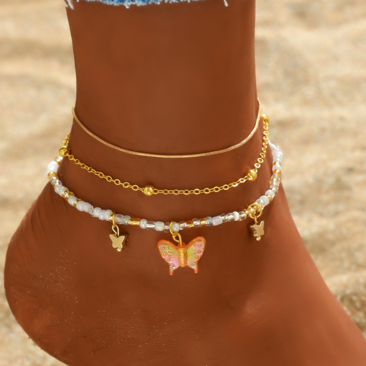 Golden Butterfly Plastic Beaded Anklet Set