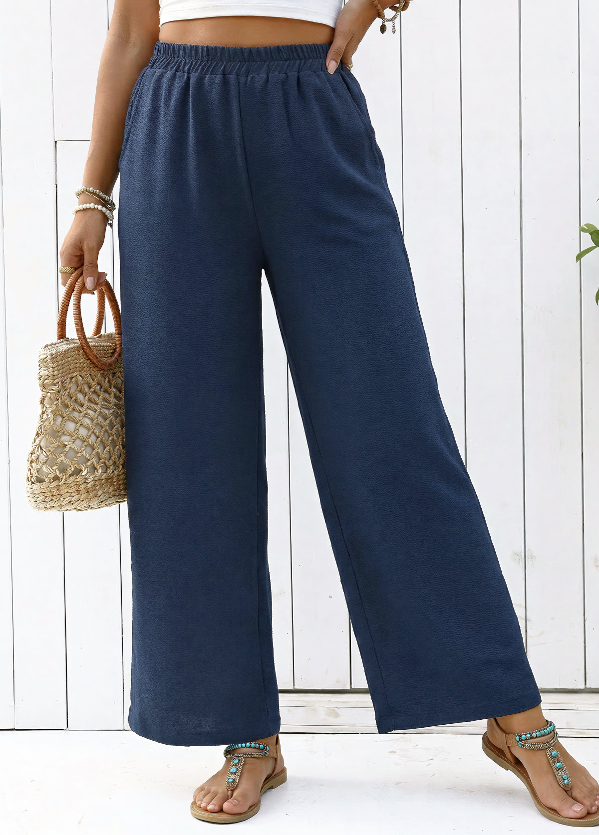 Navy Straight Leg Elastic Waist High Waisted Pants