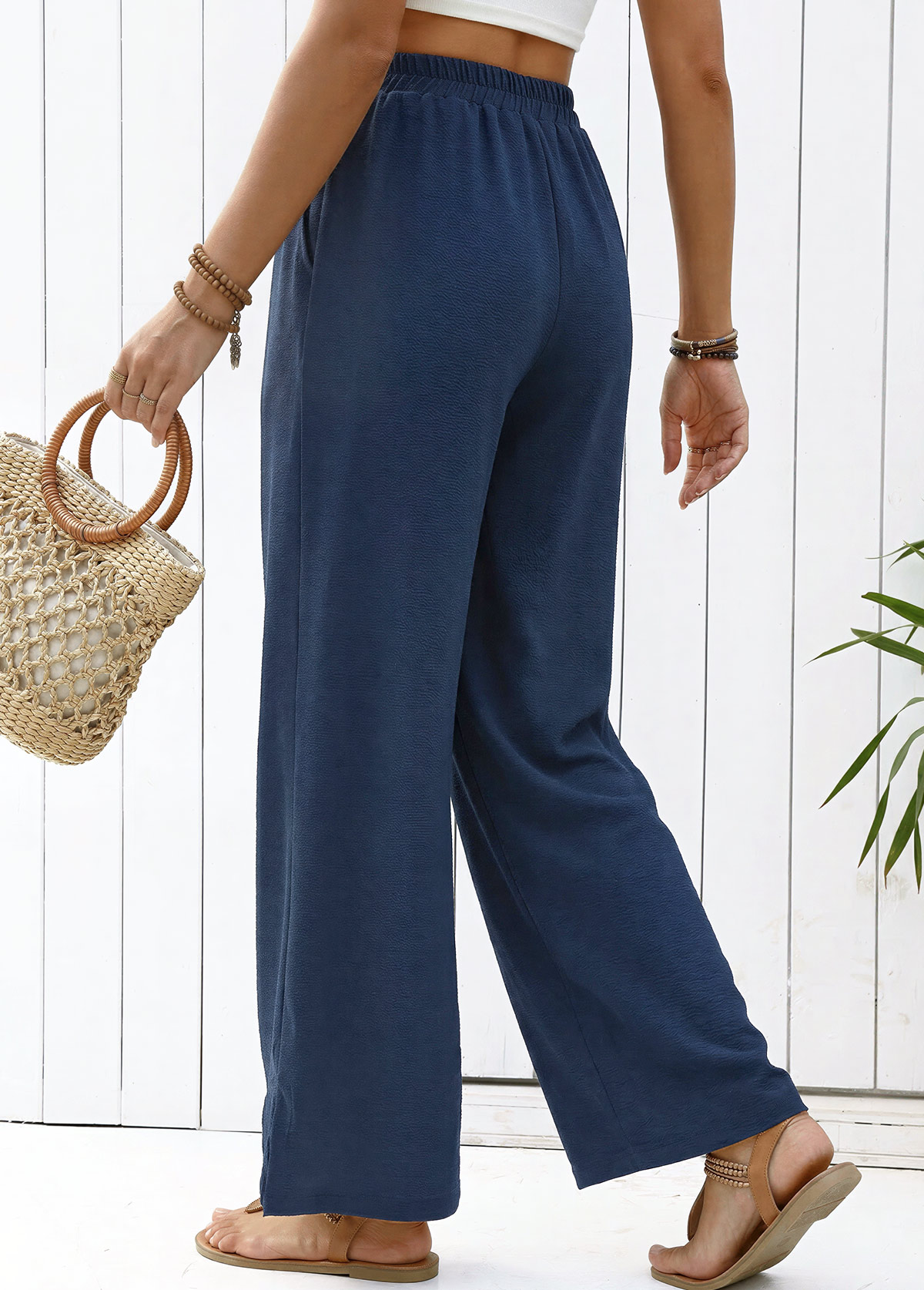 Navy Straight Leg Elastic Waist High Waisted Pants