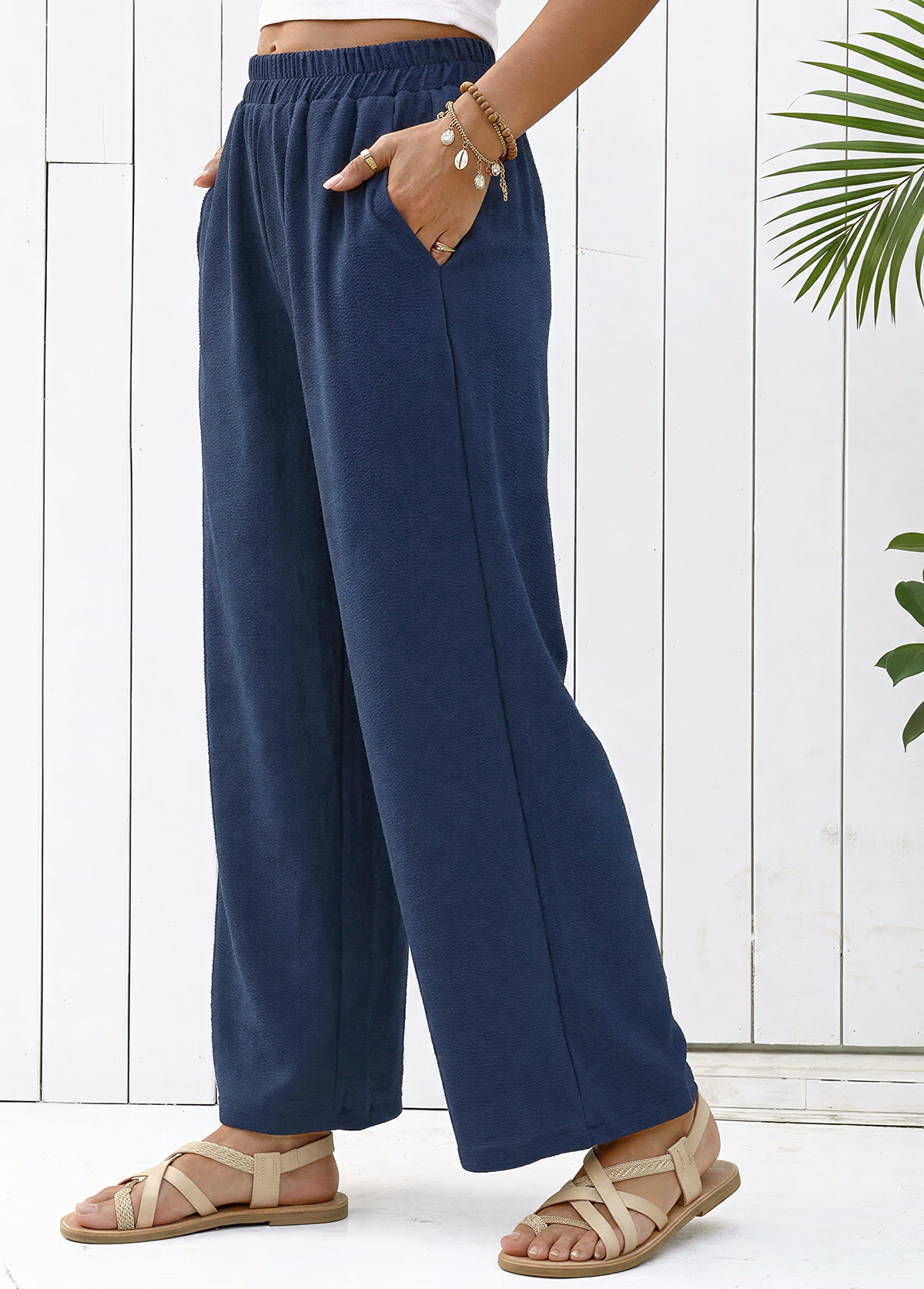 Navy Straight Leg Elastic Waist High Waisted Pants