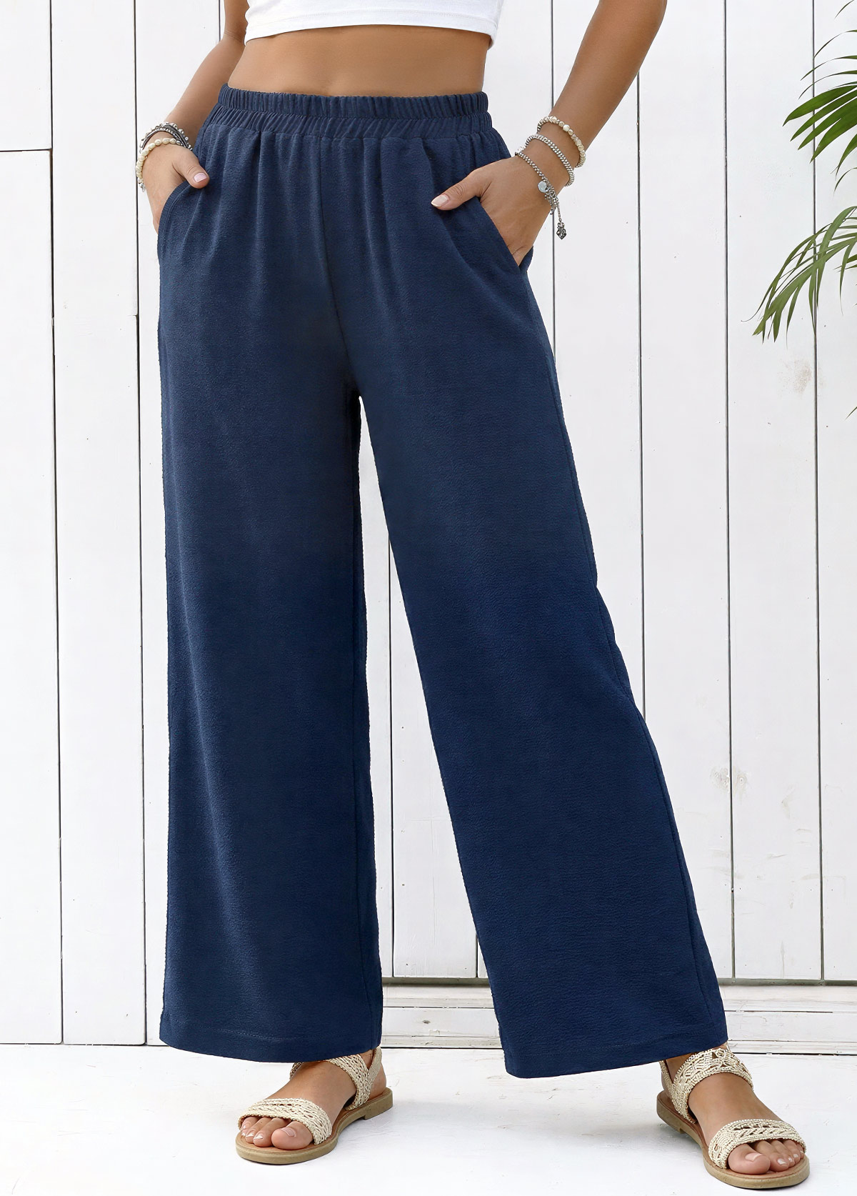Navy Straight Leg Elastic Waist High Waisted Pants