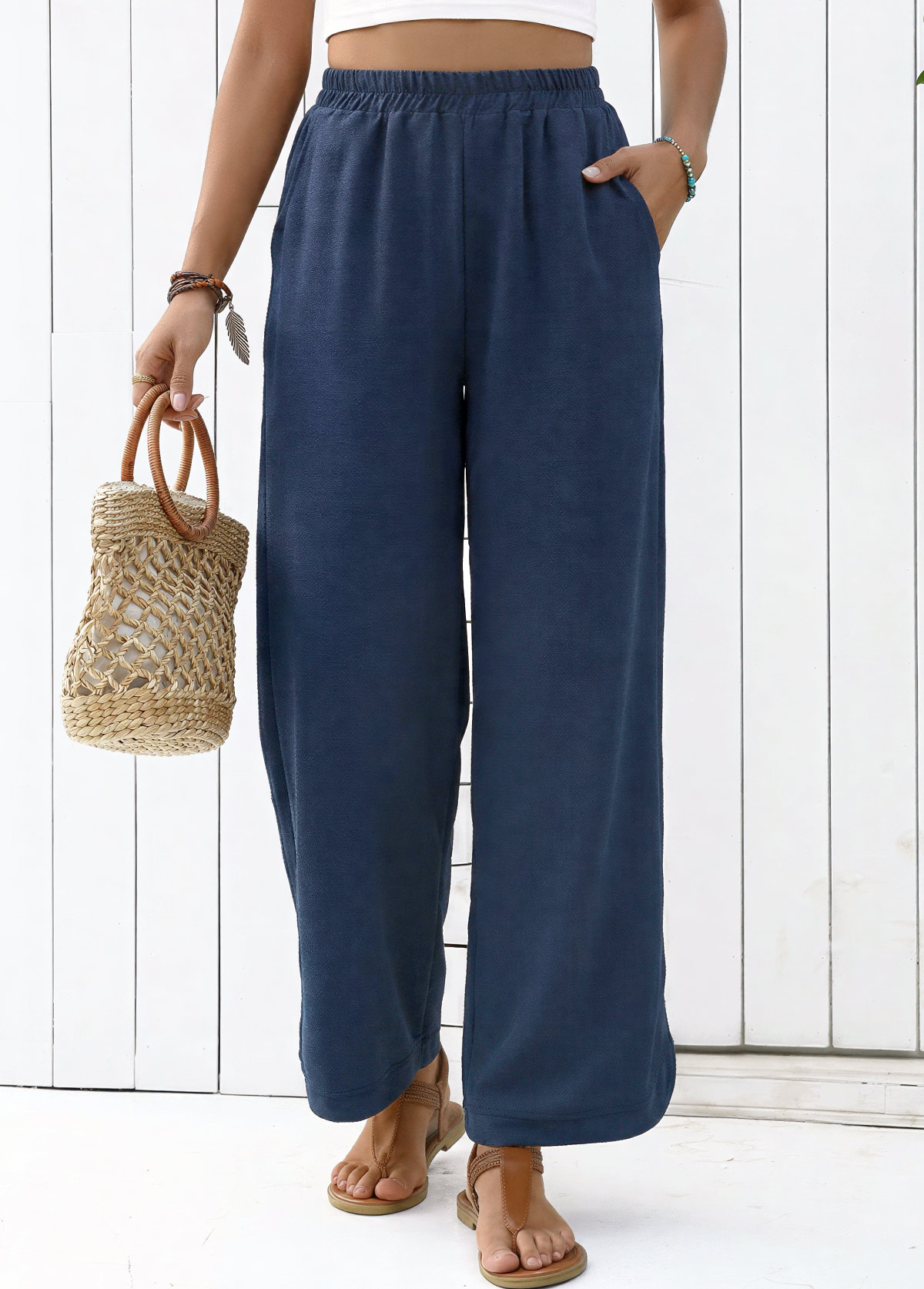Navy Straight Leg Elastic Waist High Waisted Pants