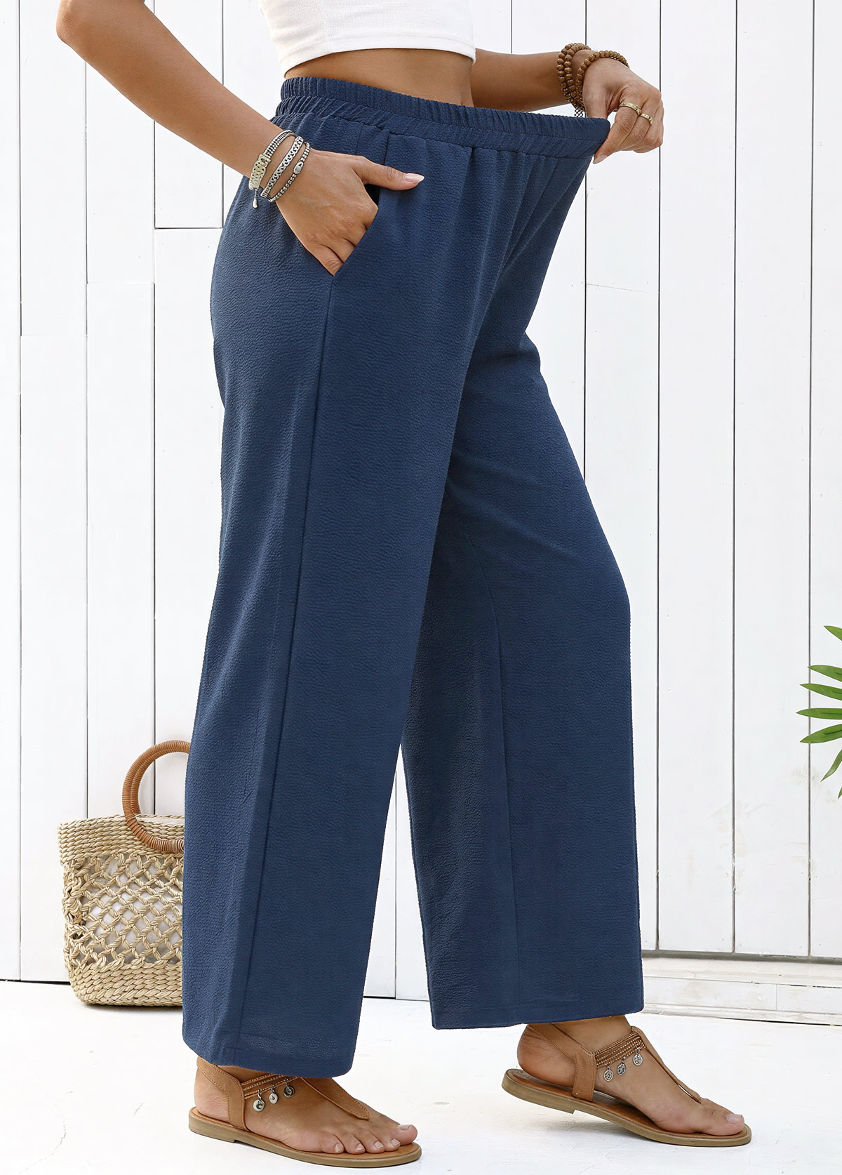 Navy Straight Leg Elastic Waist High Waisted Pants