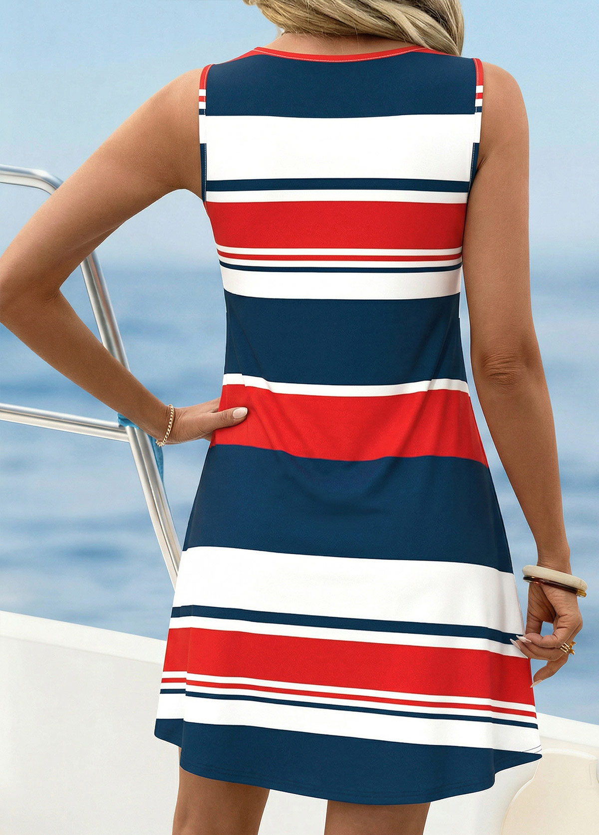 Striped Tummy Coverage Multi Color Short Sleeveless Dress