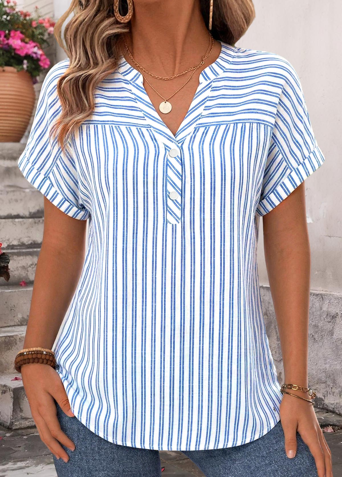 Striped Bowknot Blue Strappy Halter Blouse