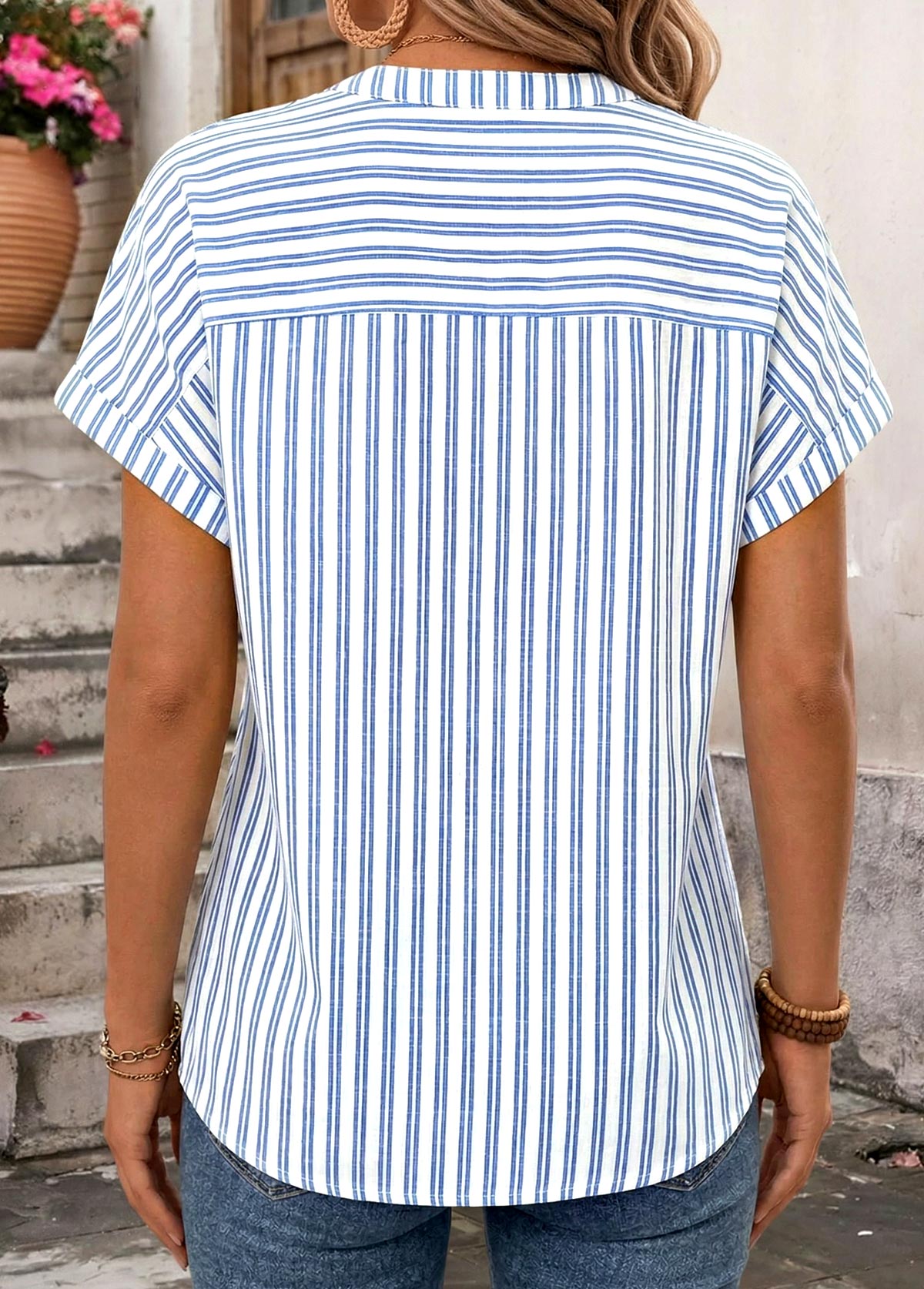 Striped Bowknot Blue Strappy Halter Blouse