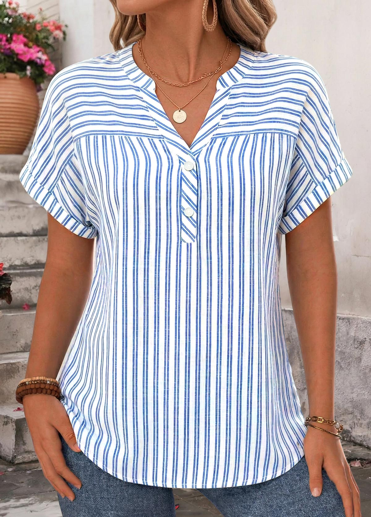 Striped Bowknot Blue Strappy Halter Blouse