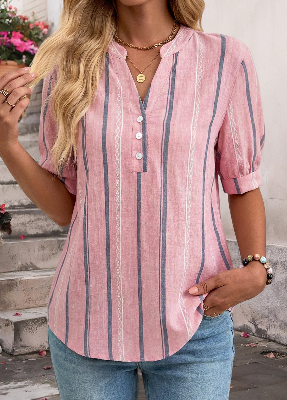 Striped Patchwork Pink Short Sleeve Split Neck Blouse
