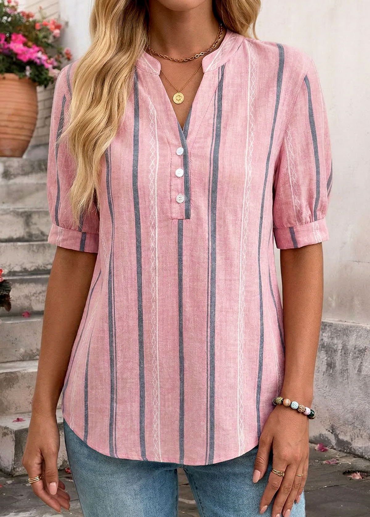 Striped Patchwork Pink Short Sleeve Split Neck Blouse