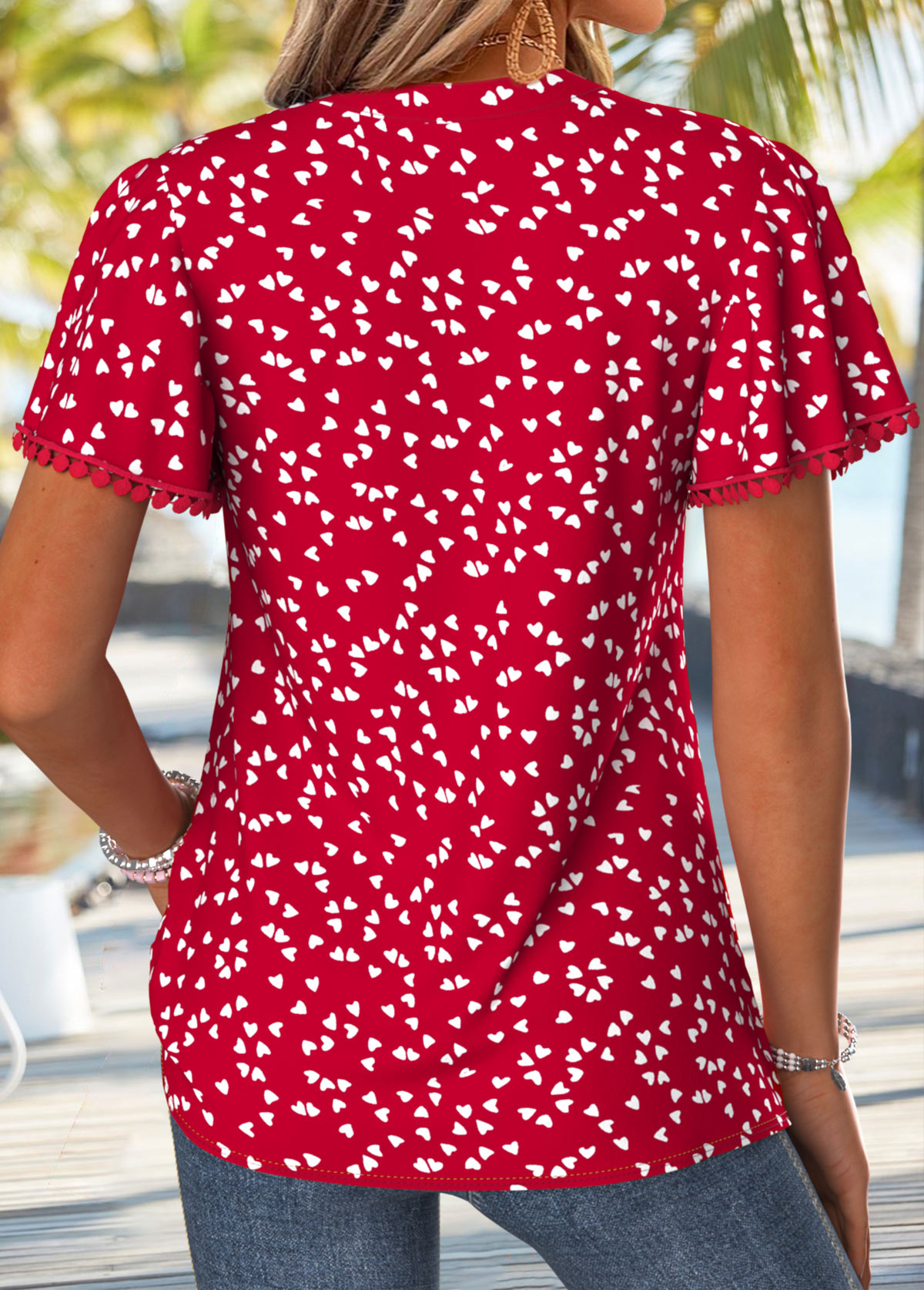 Heart Print Curved Hem Red Short Sleeve T Shirt