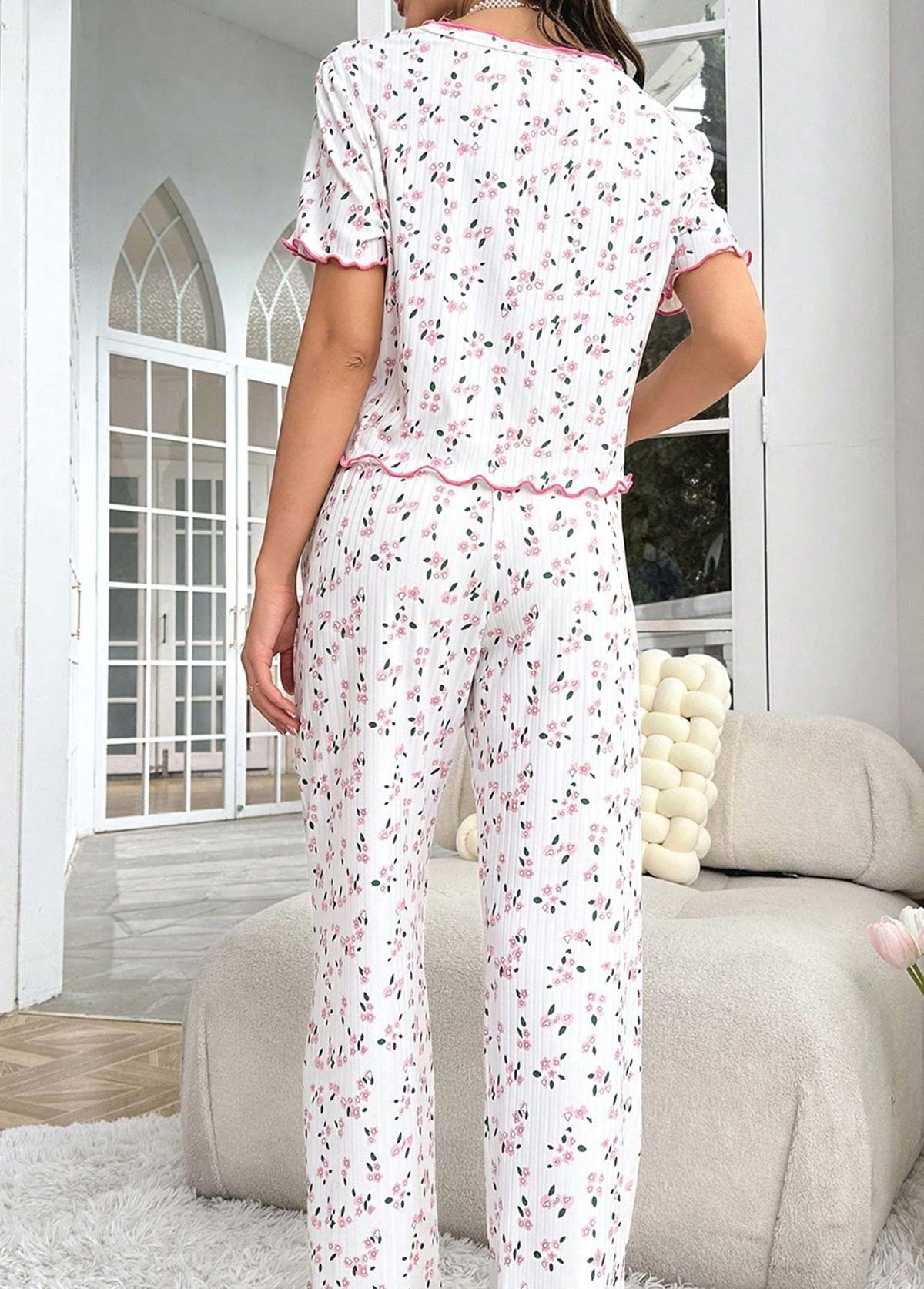 Ditsy Floral Print White Lounge Top and Pants