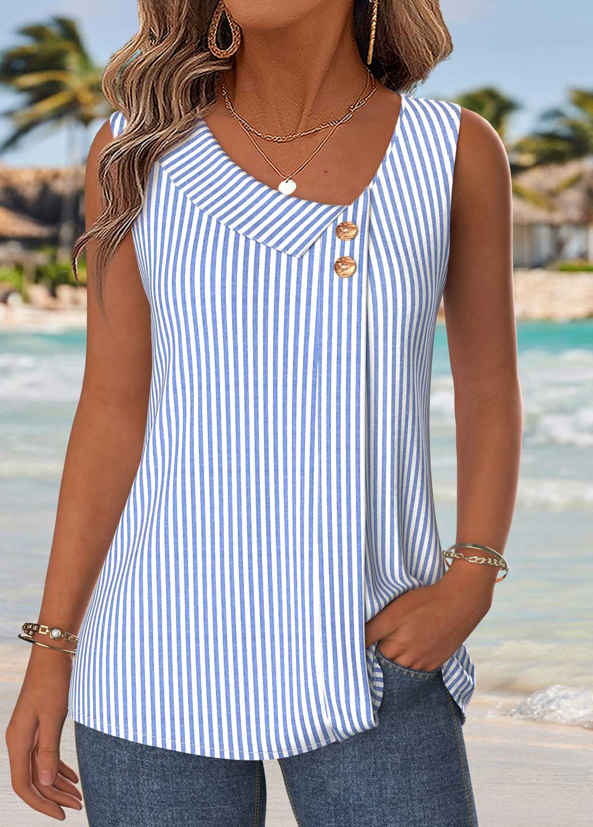 Striped Patchwork Blue Sleeveless Asymmetrical Neck Tank Top