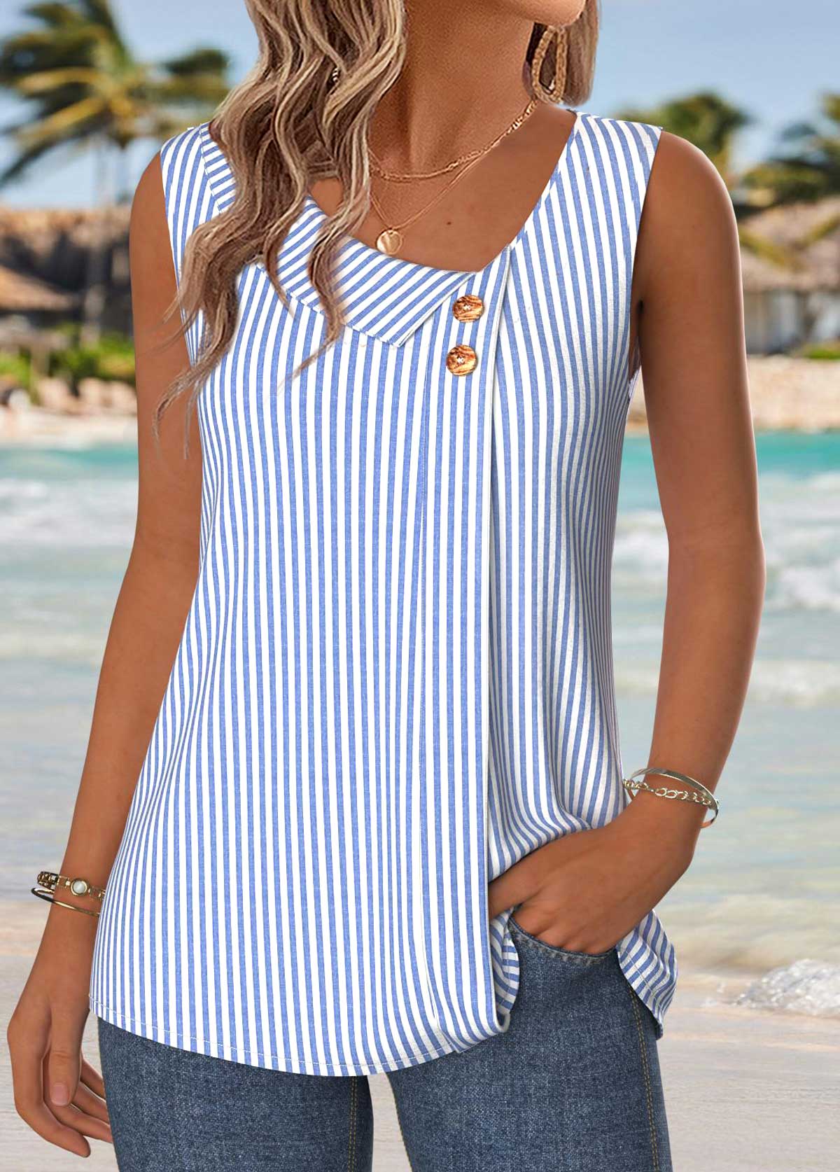 Striped Patchwork Blue Sleeveless Asymmetrical Neck Tank Top