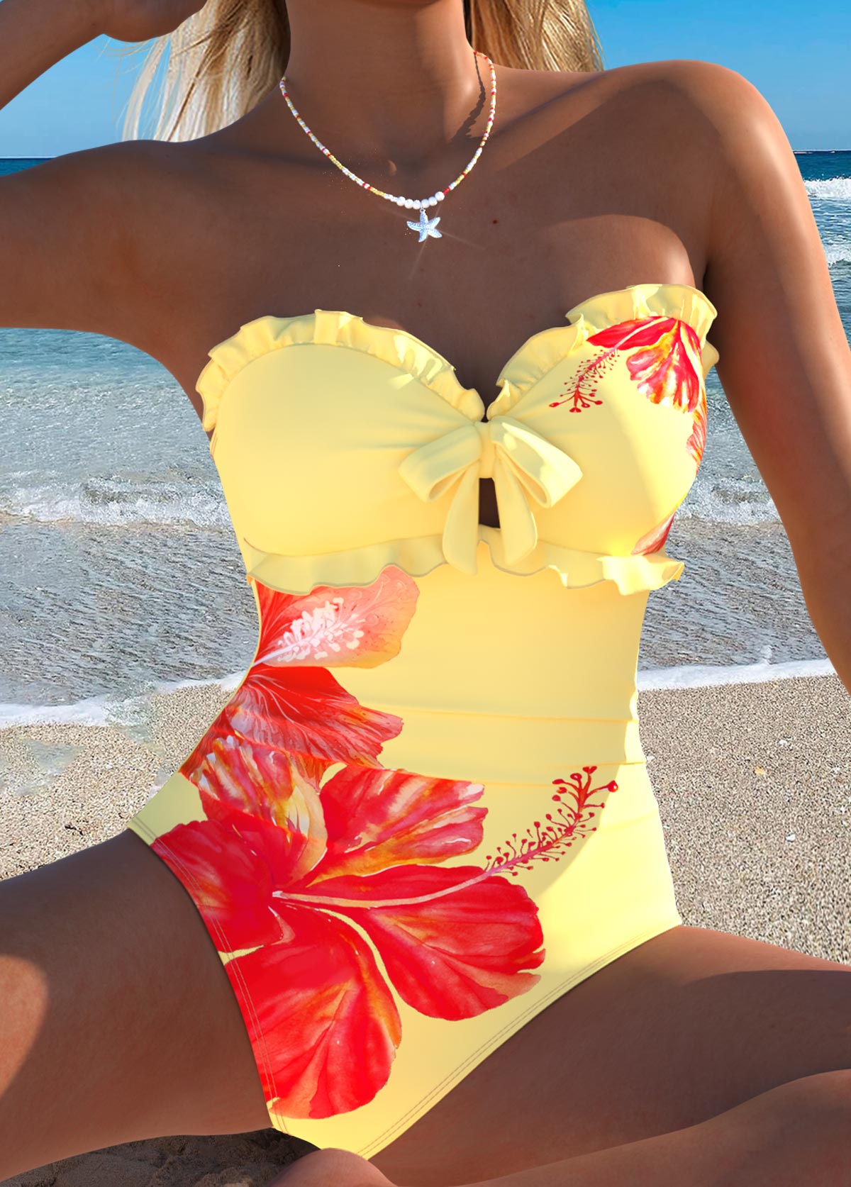 Floral Print Cut Out Light Yellow One Piece Swimwear