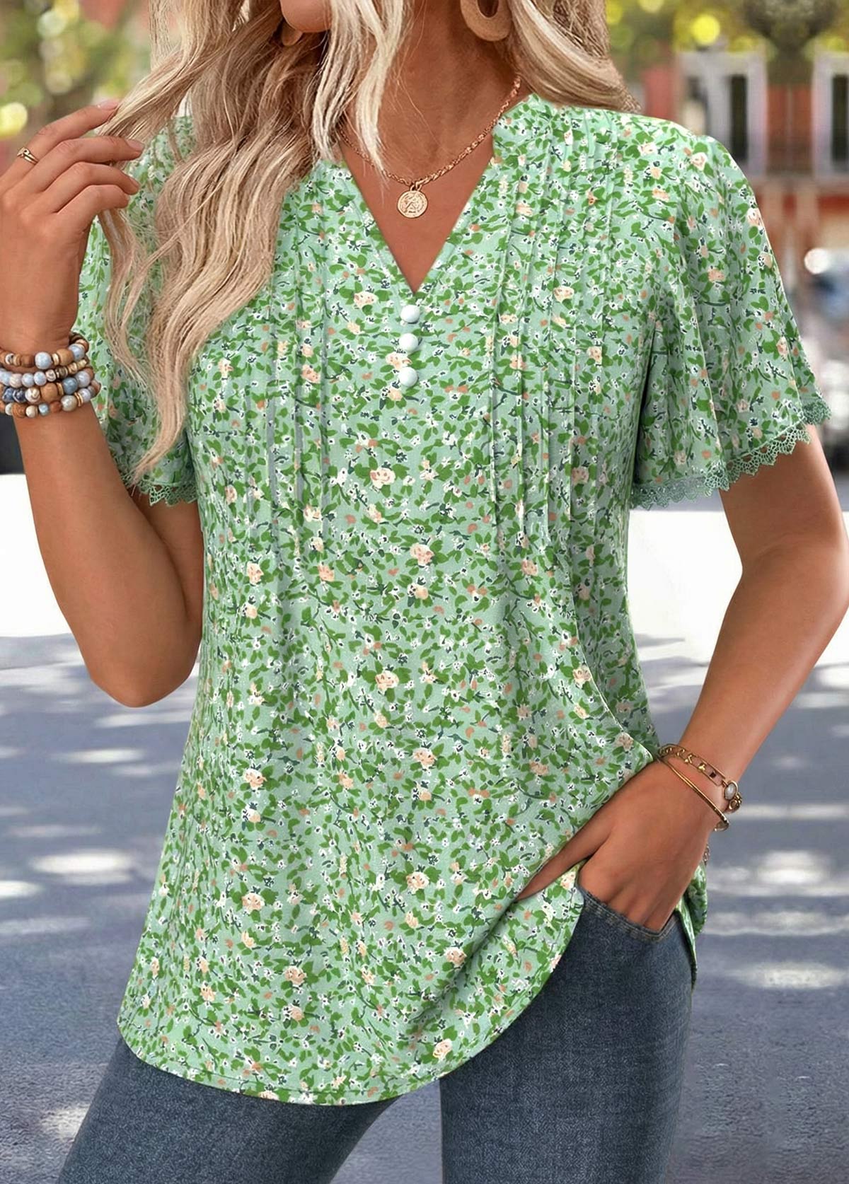 Ditsy Floral Print Lace Trim Light Green T Shirt